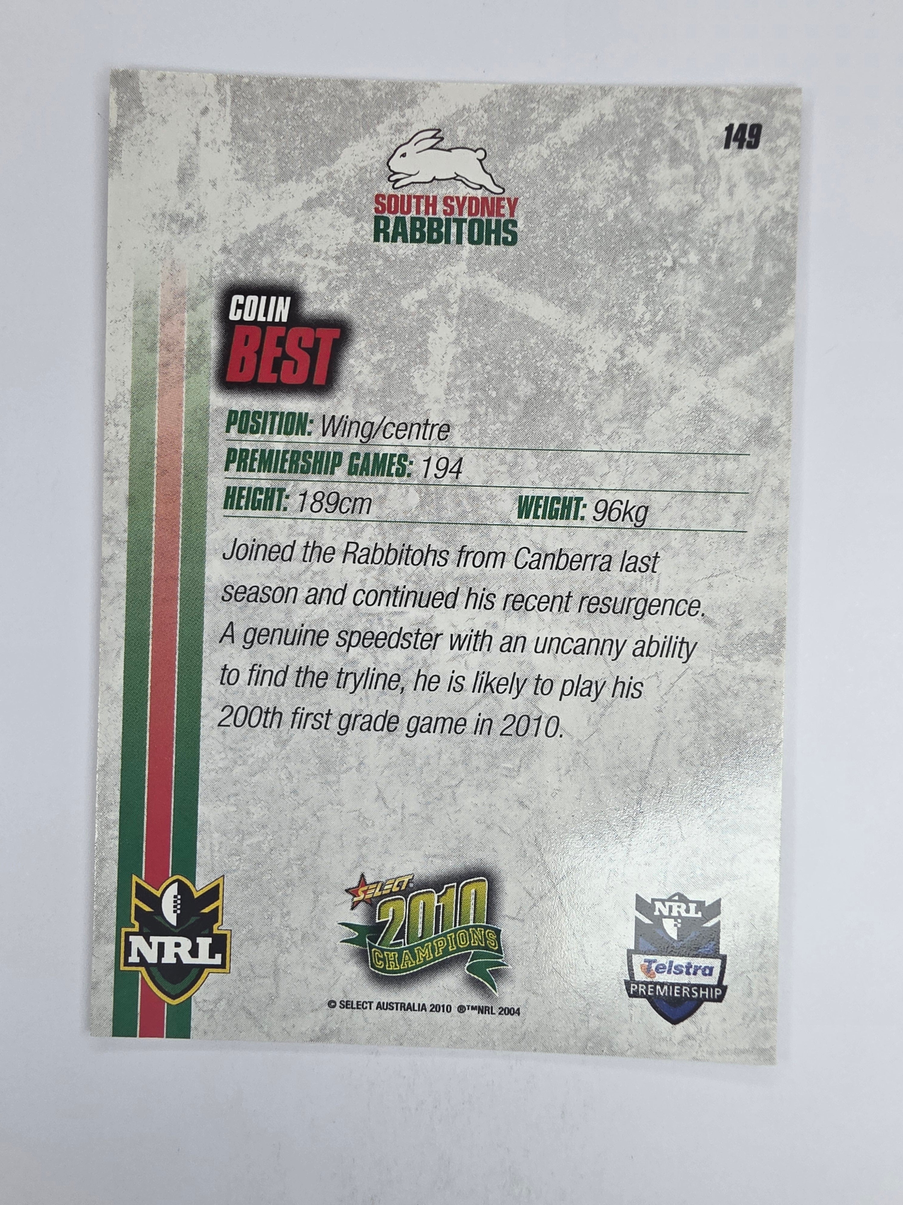 NRL 2010 Champions Base Card #149 Colin Best South Sydney Rabbitohs