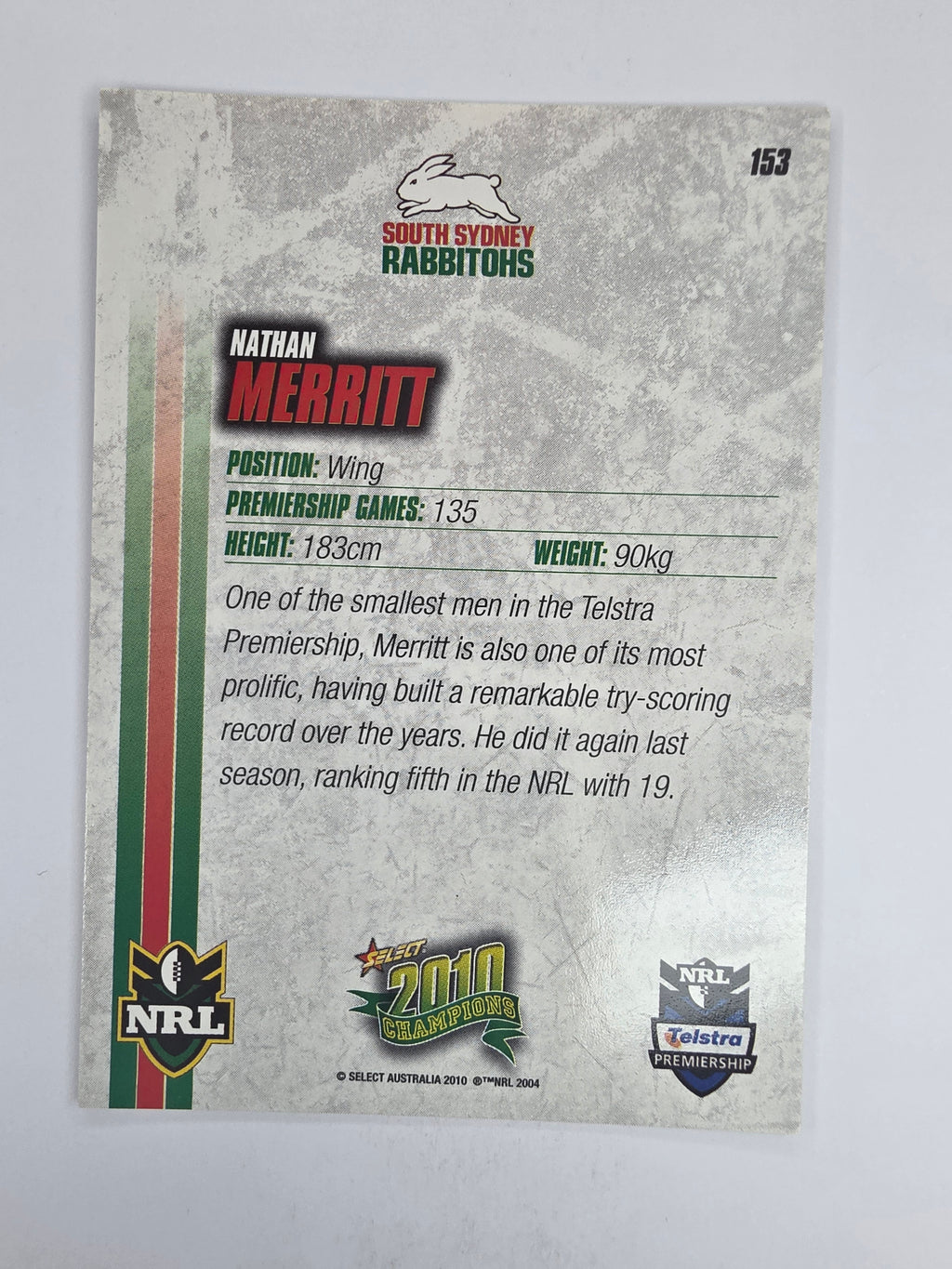 NRL 2010 Champions Base Card #153 Nathan Merritt South Sydney Rabbitohs