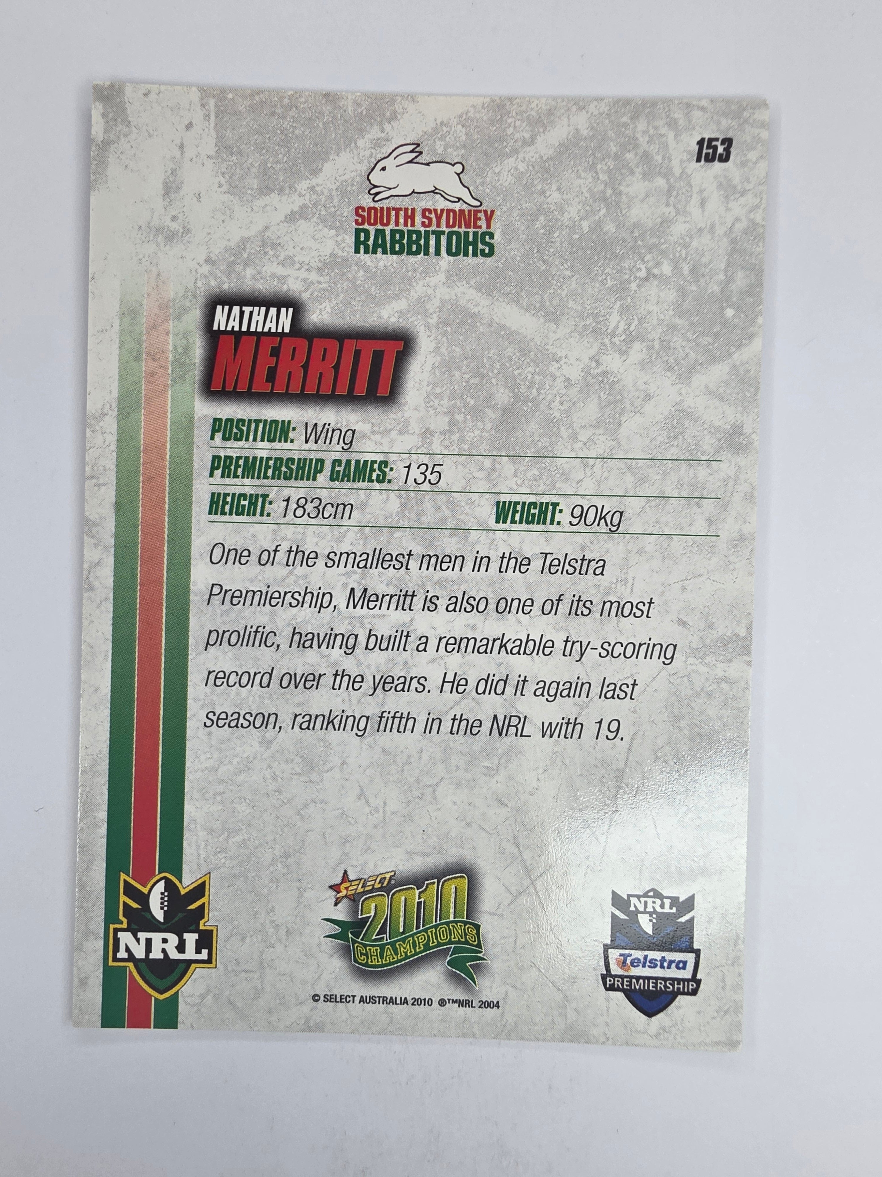 NRL 2010 Champions Base Card #153 Nathan Merritt South Sydney Rabbitohs