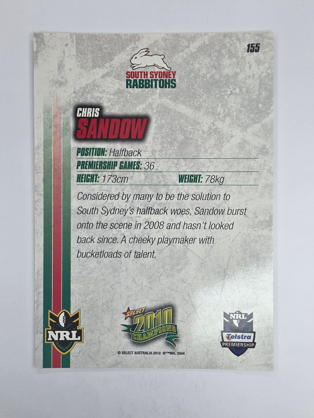 NRL 2010 Champions Base Card #155 Chris Sandow South Sydney Rabbitohs