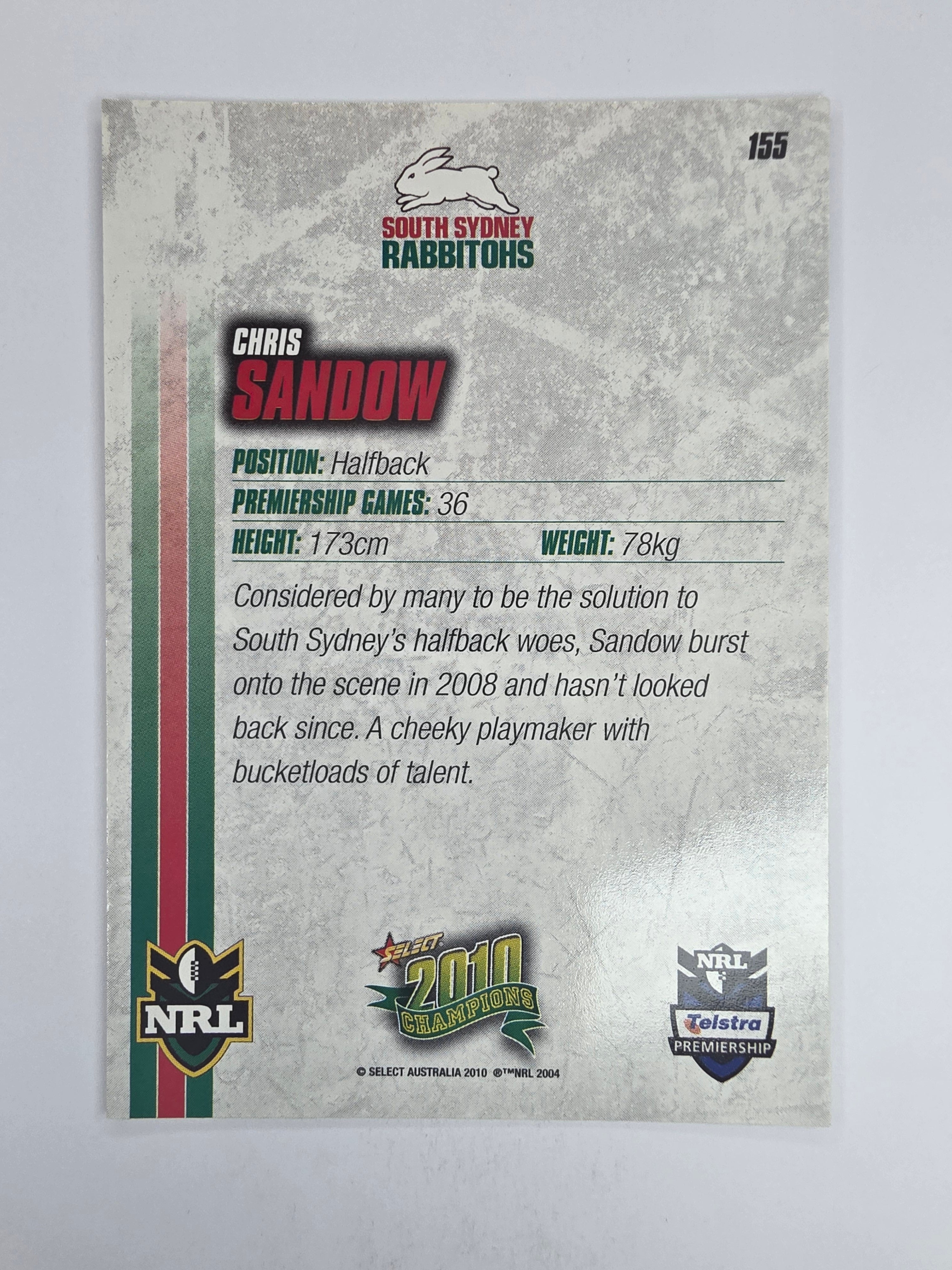 NRL 2010 Champions Base Card #155 Chris Sandow South Sydney Rabbitohs