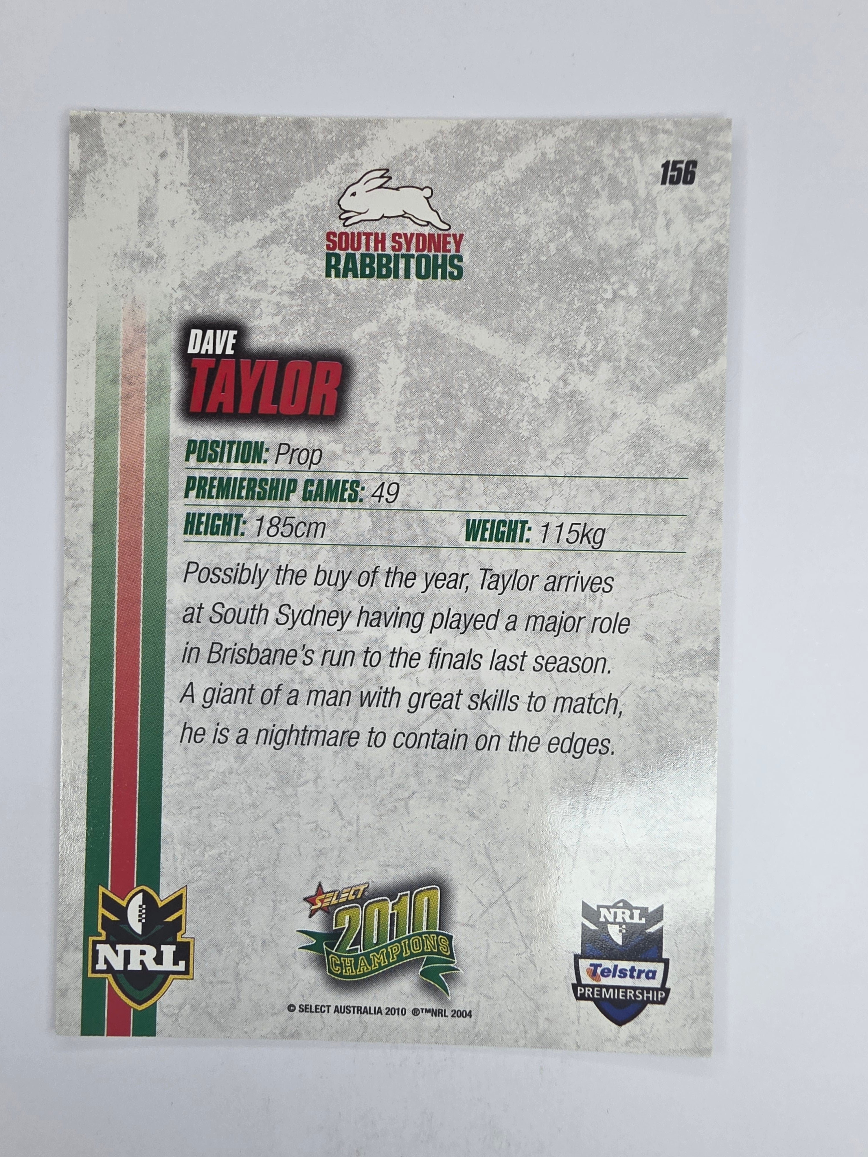 NRL 2010 Champions Base Card #156 Dave Taylor South Sydney Rabbitohs