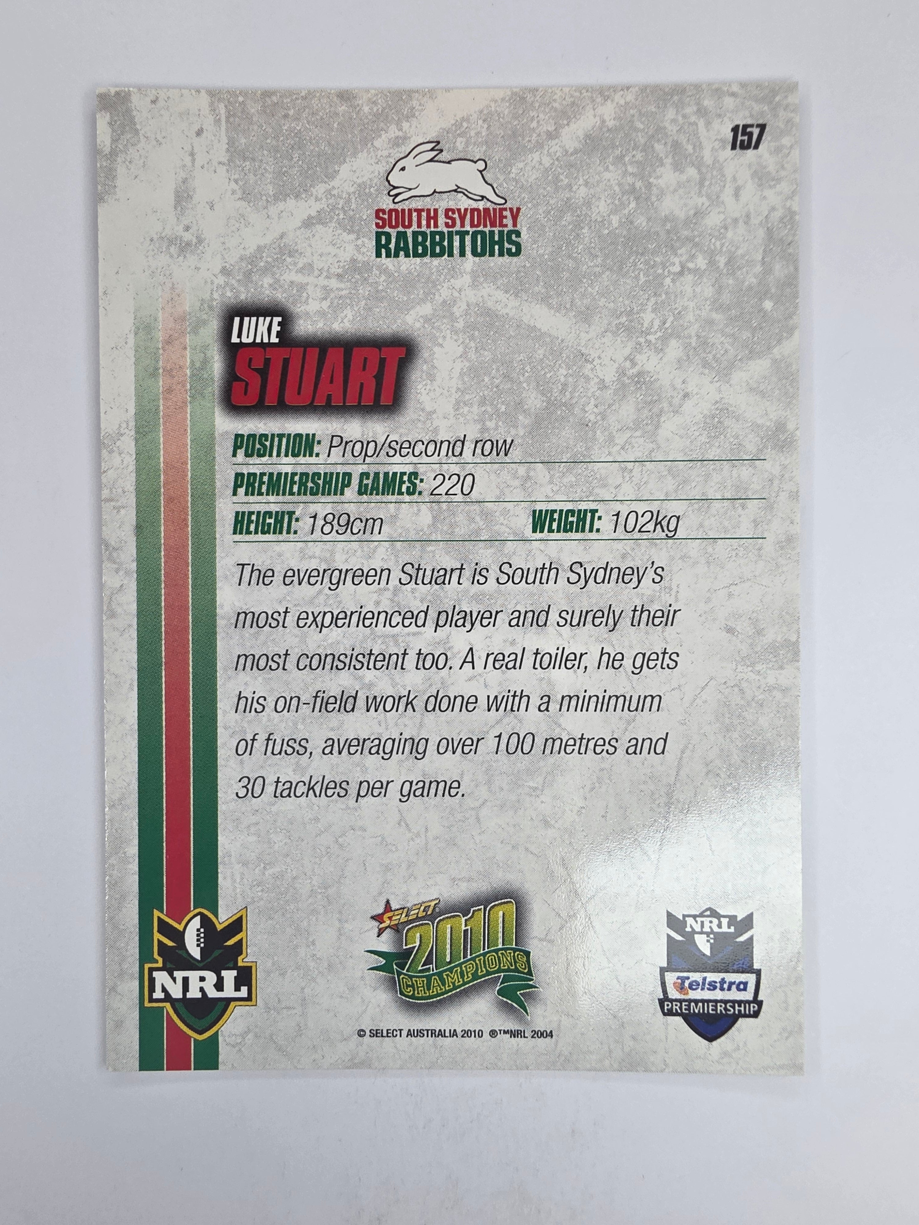 NRL 2010 Champions Base Card #157 Luke Stuart South Sydney Rabbitohs