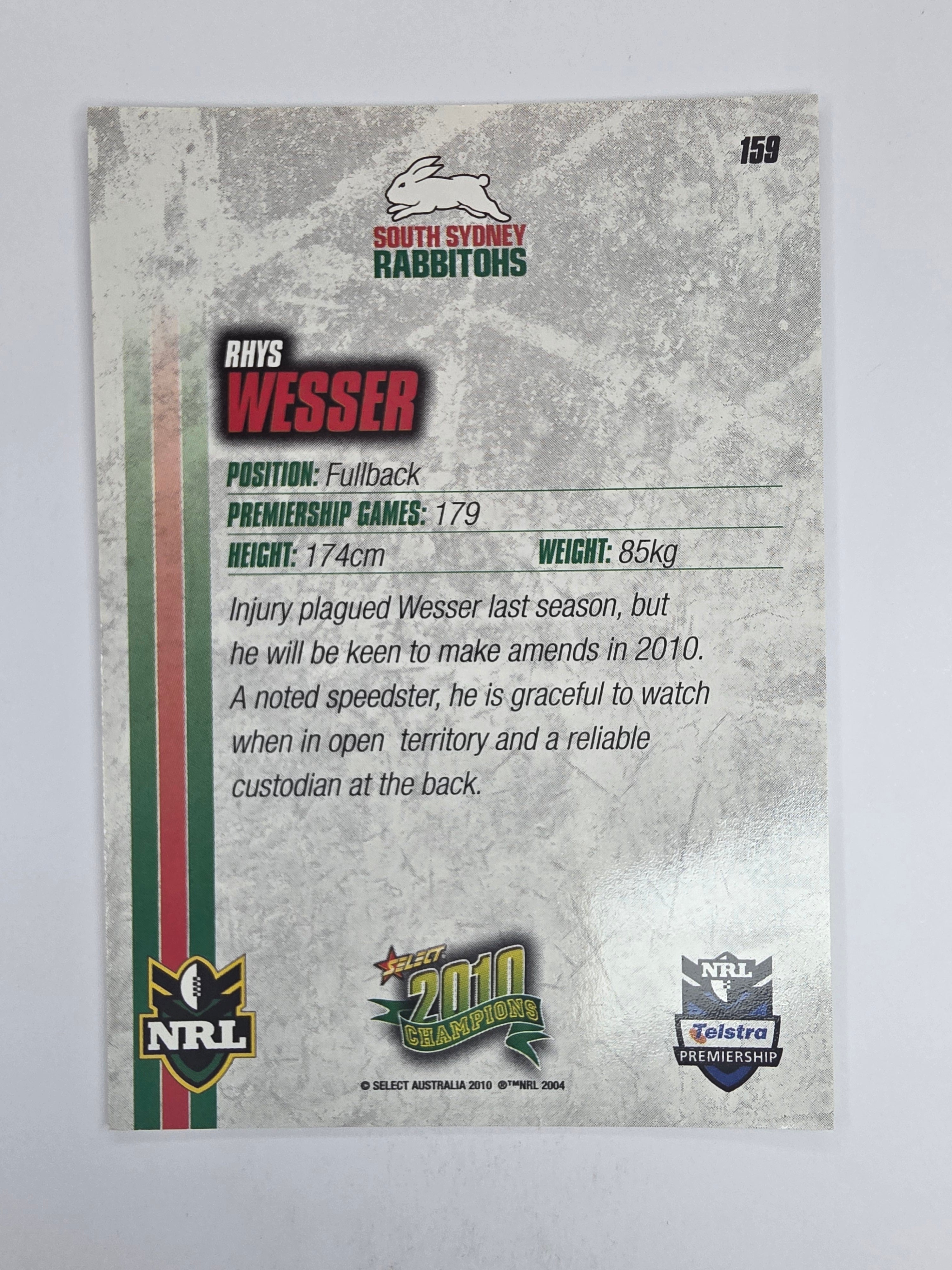 NRL 2010 Champions Base Card #159 Rhys Wesser South Sydney Rabbitohs