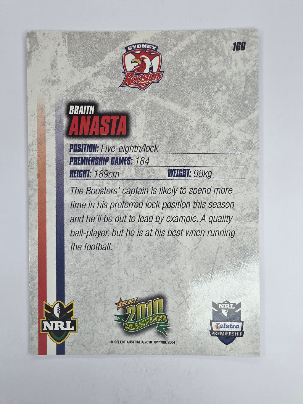 NRL 2010 Champions Base Card #160 Braith Anasta Sydney Roosters