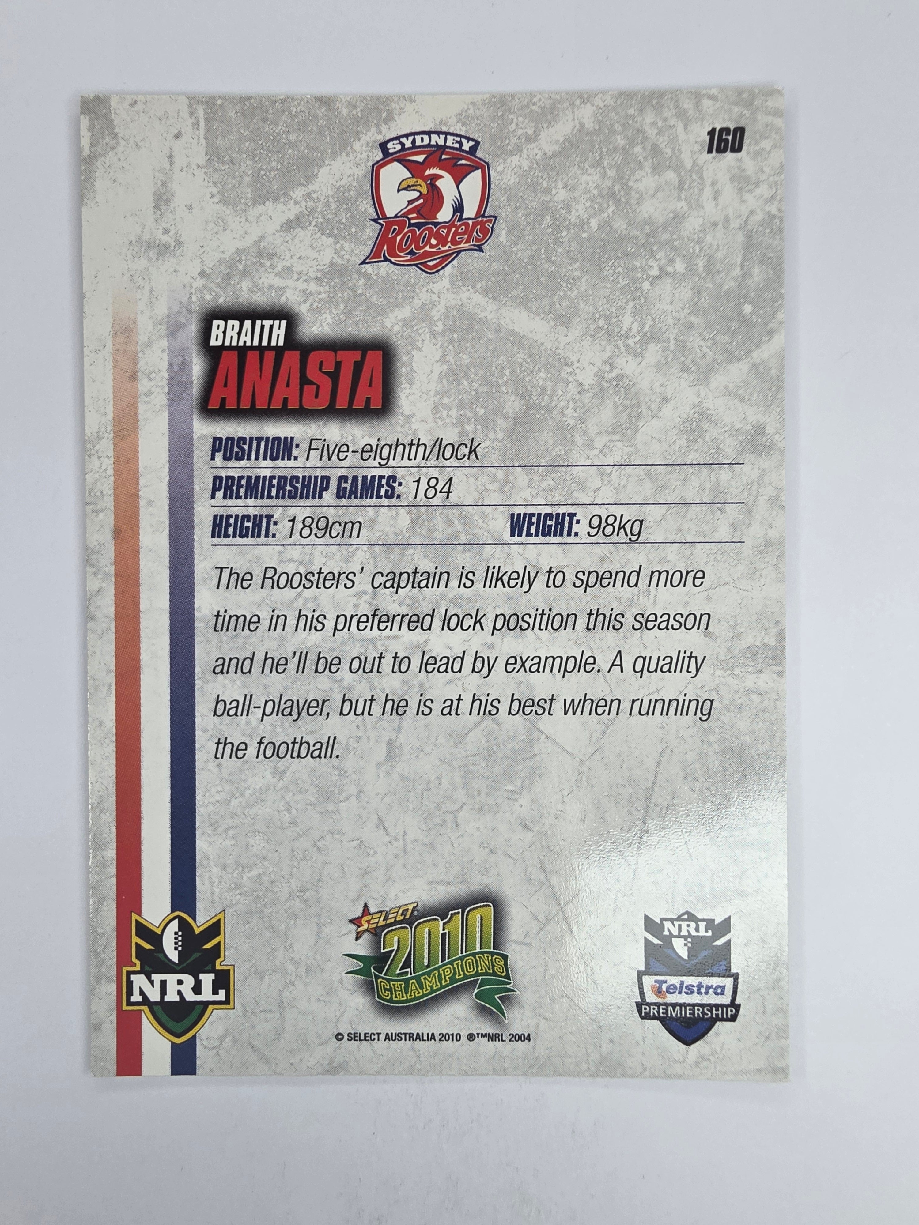 NRL 2010 Champions Base Card #160 Braith Anasta Sydney Roosters