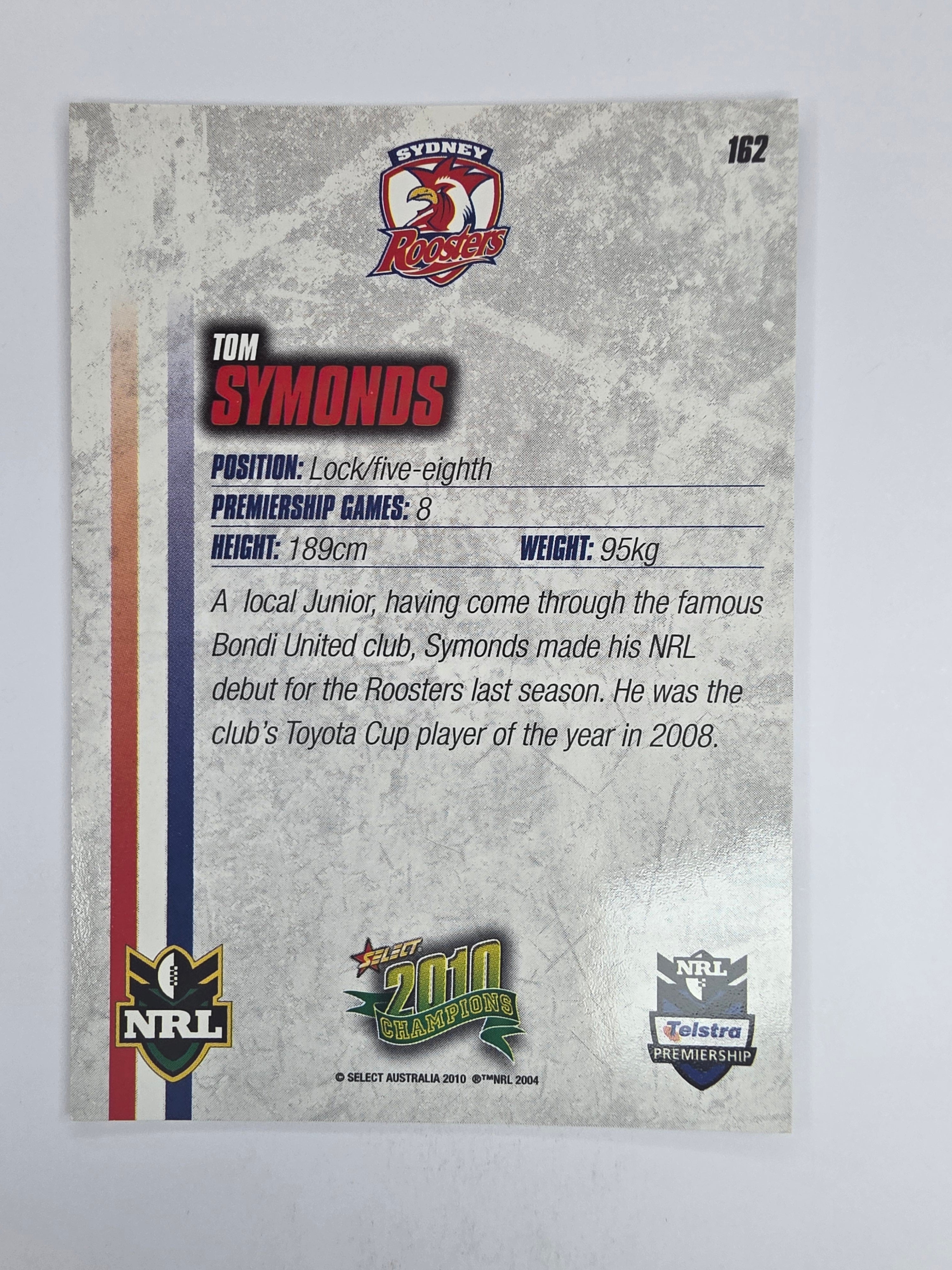 NRL 2010 Champions Base Card #162 Tom Symonds Sydney Roosters