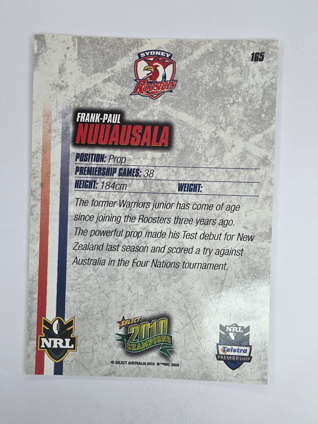 NRL 2010 Champions Base Card #165 Frank-Paul Nuuausala Sydney Roosters