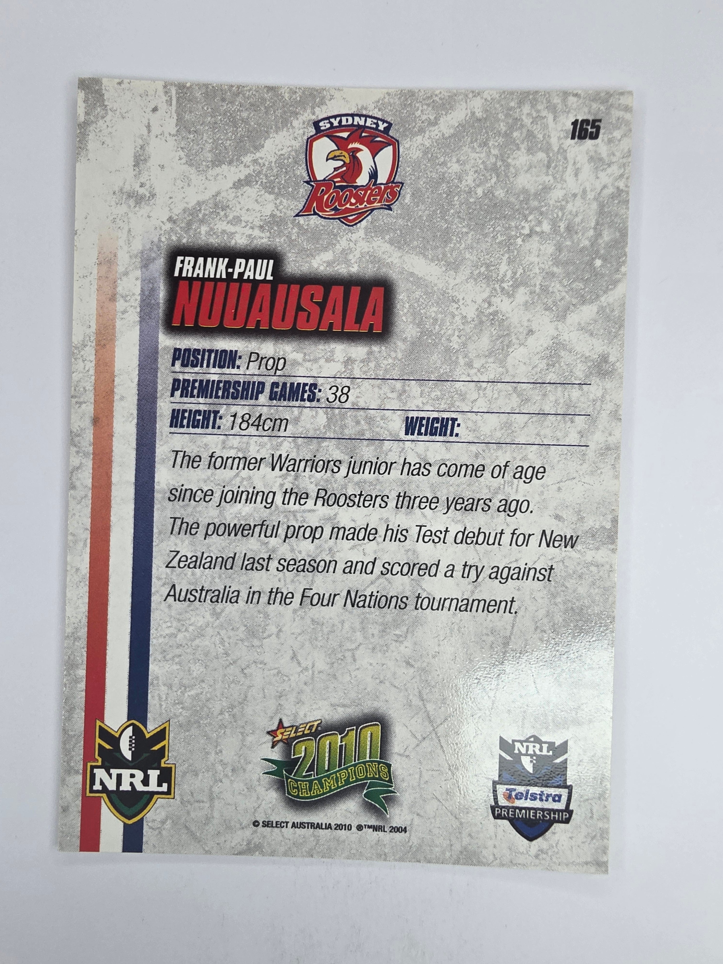 NRL 2010 Champions Base Card #165 Frank-Paul Nuuausala Sydney Roosters