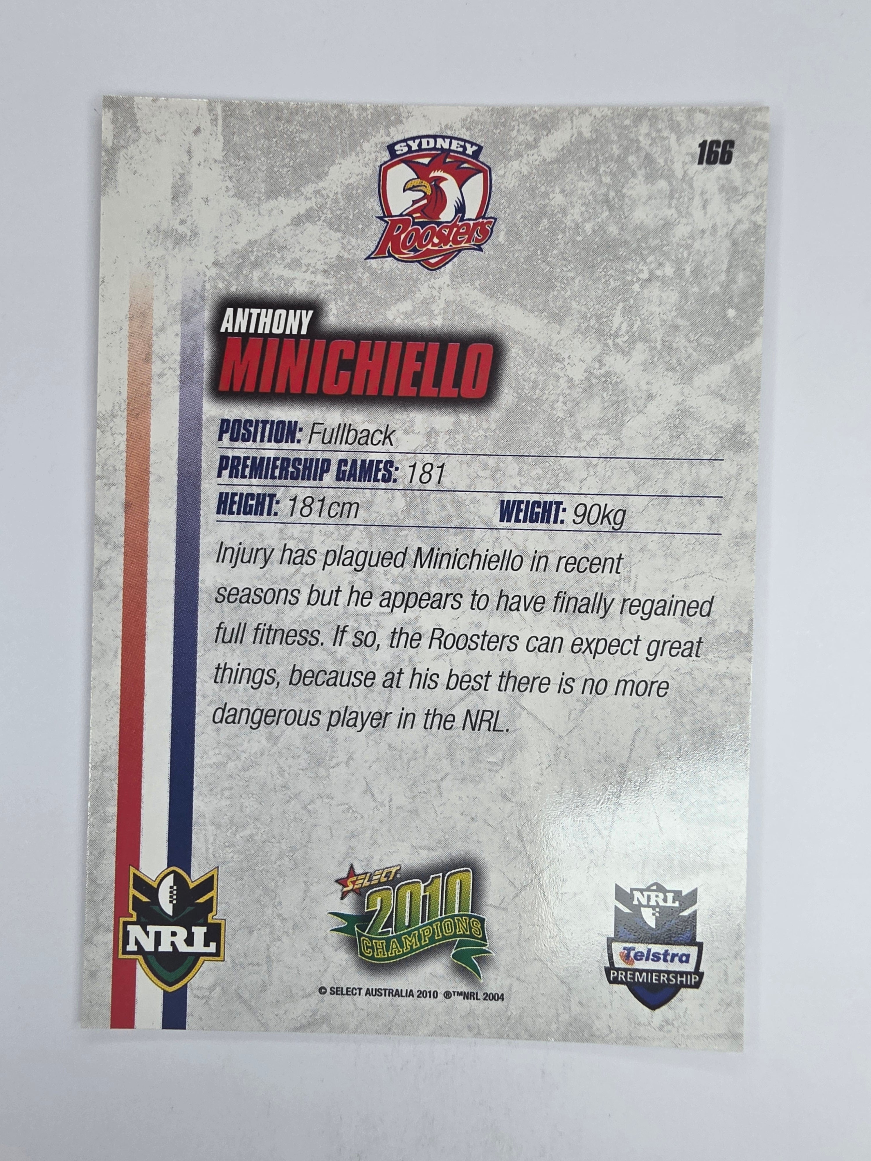 NRL 2010 Champions Base Card #166 Anthony Minichiello Sydney Roosters