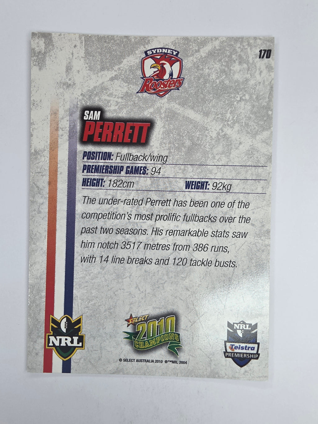 NRL 2010 Champions Base Card #170 Sam Perrett Sydney Roosters