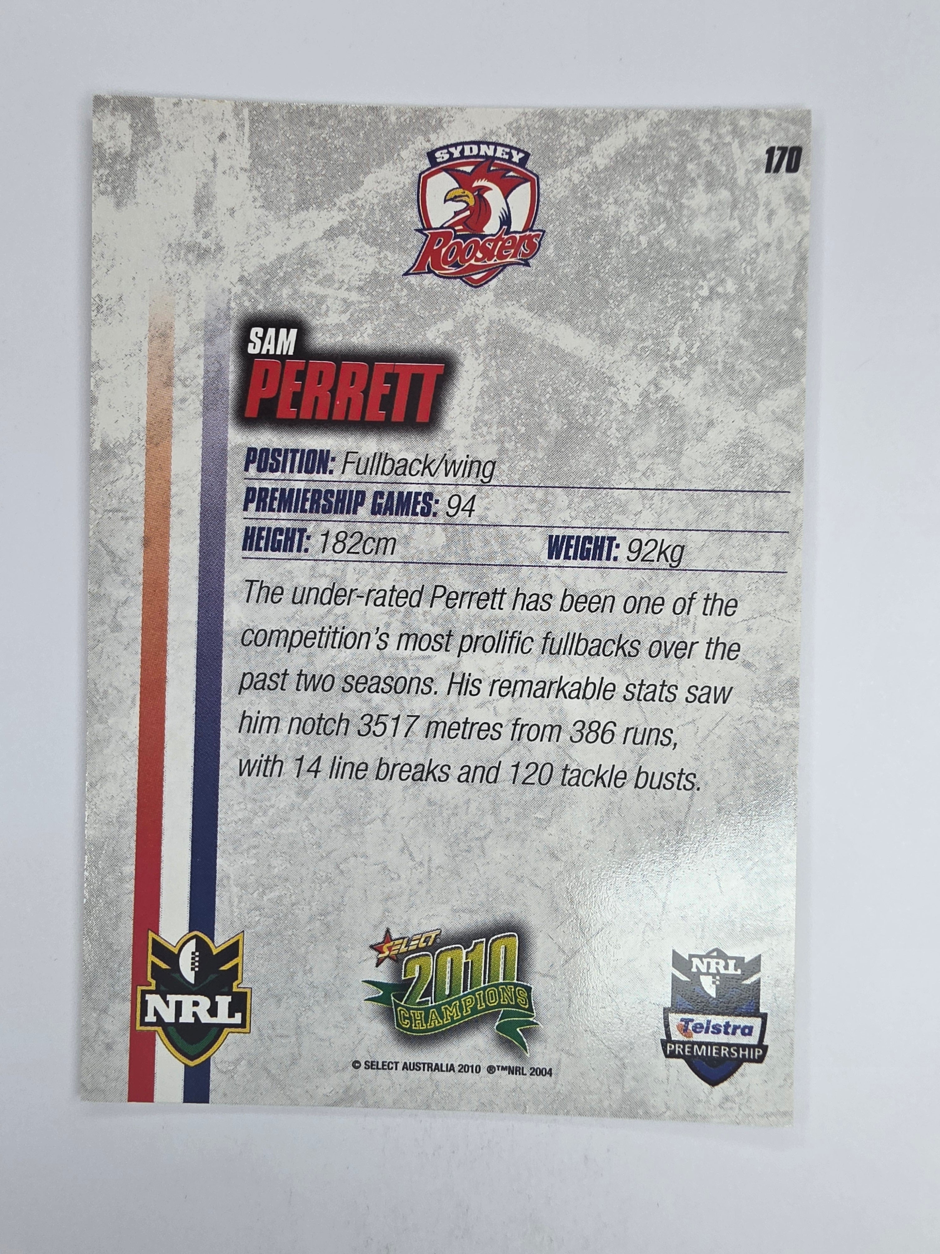 NRL 2010 Champions Base Card #170 Sam Perrett Sydney Roosters