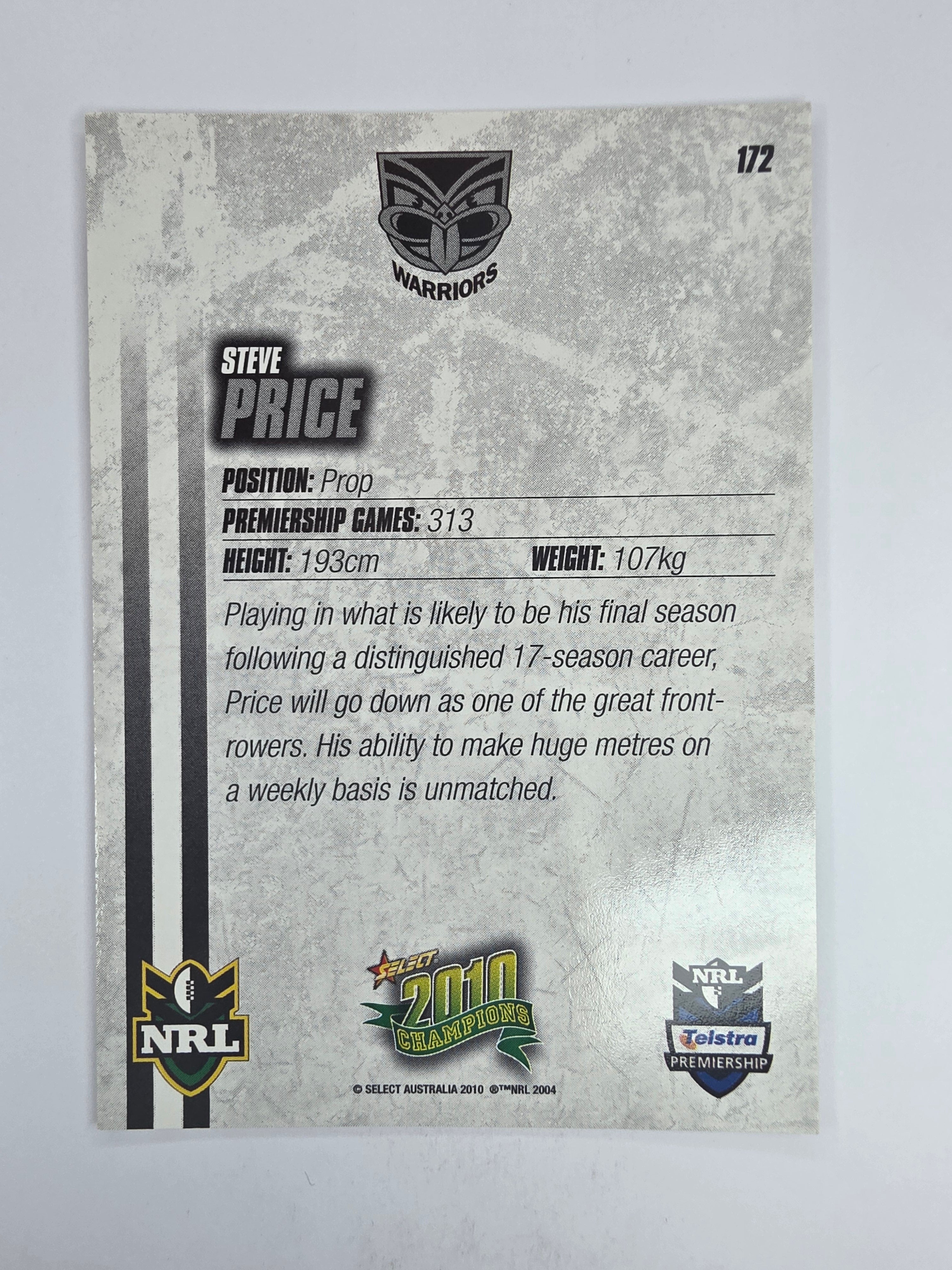 NRL 2010 Champions Base Card #172 Steve Price New Zealand Warriors