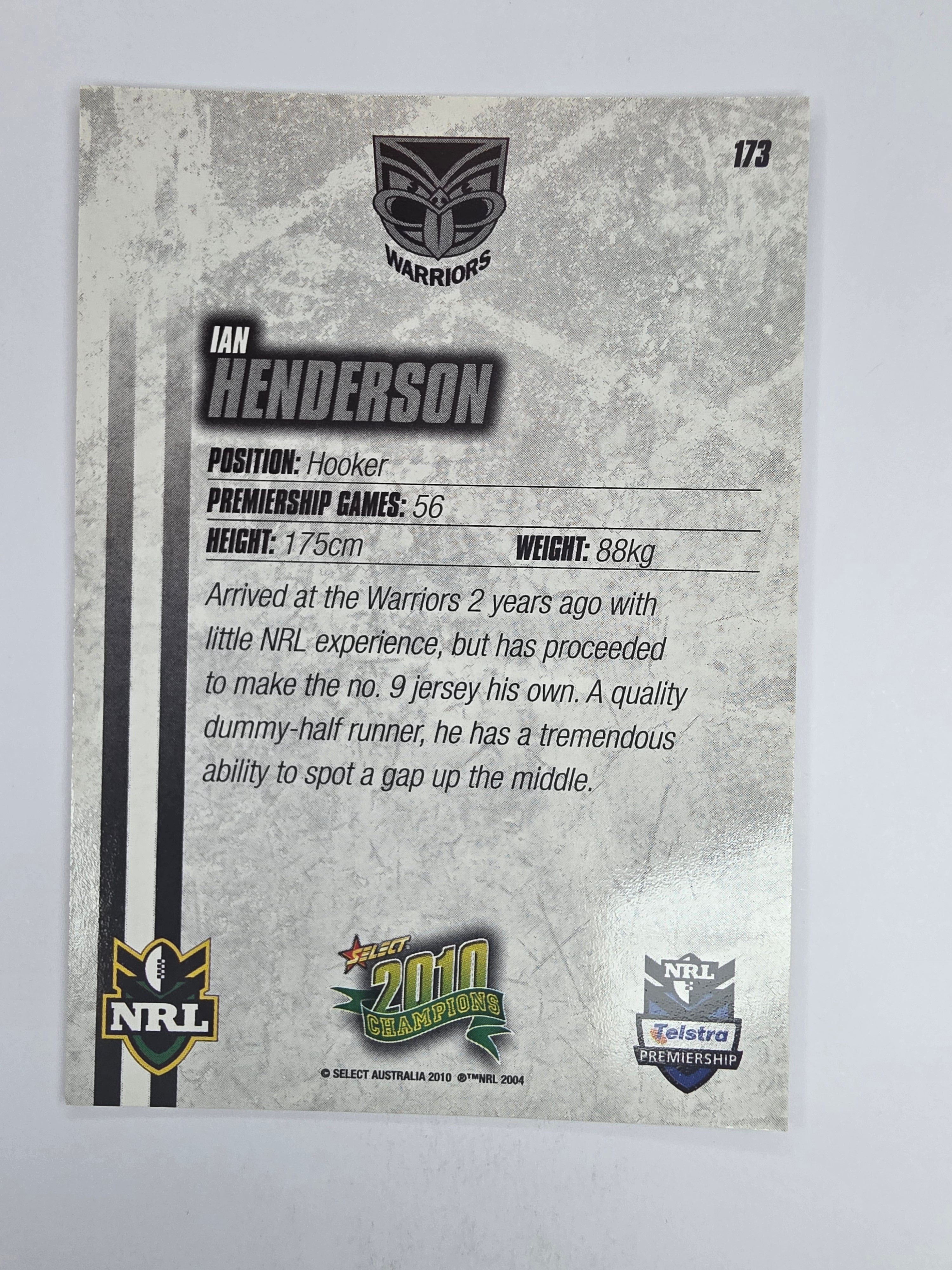 NRL 2010 Champions Base Card #173 Ian Henderson New Zealand Warriors