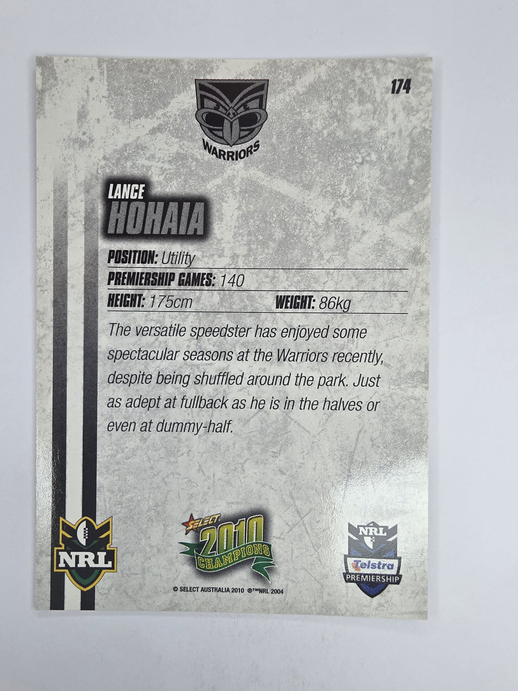 NRL 2010 Champions Base Card #174 Lance Hohaia New Zealand Warriors