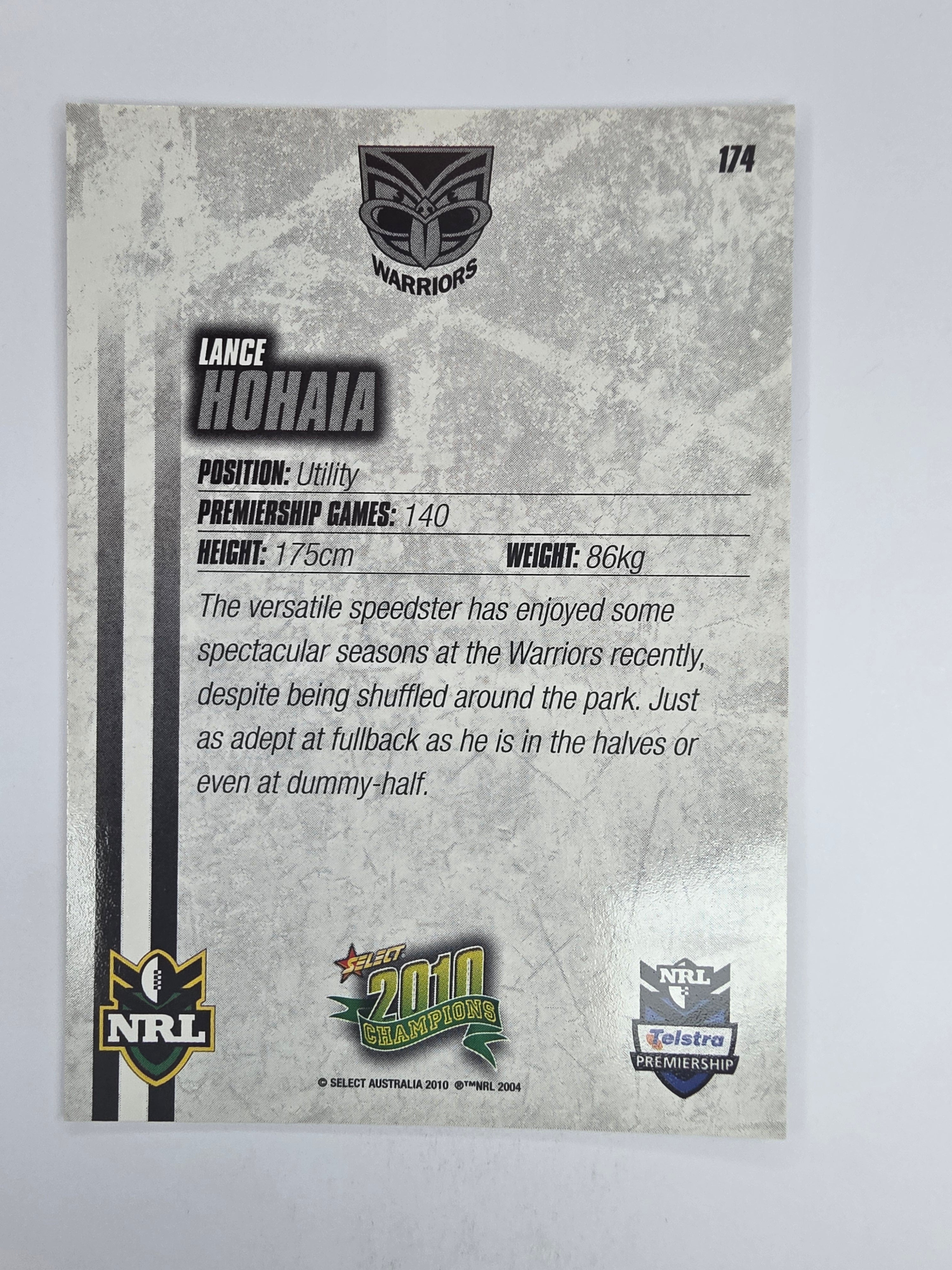 NRL 2010 Champions Base Card #174 Lance Hohaia New Zealand Warriors