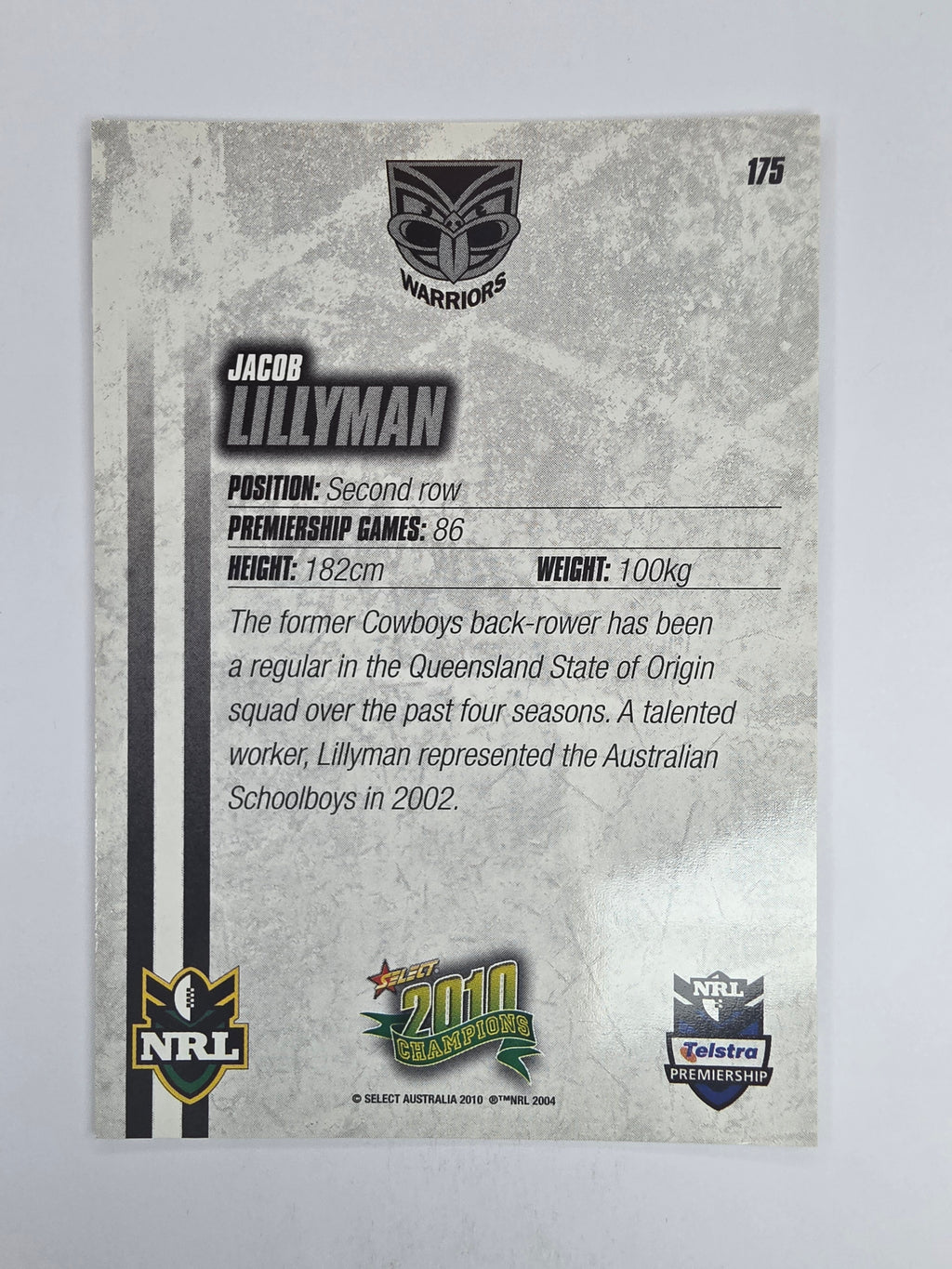 NRL 2010 Champions Base Card #175 Jacob Lillyman New Zealand Warriors