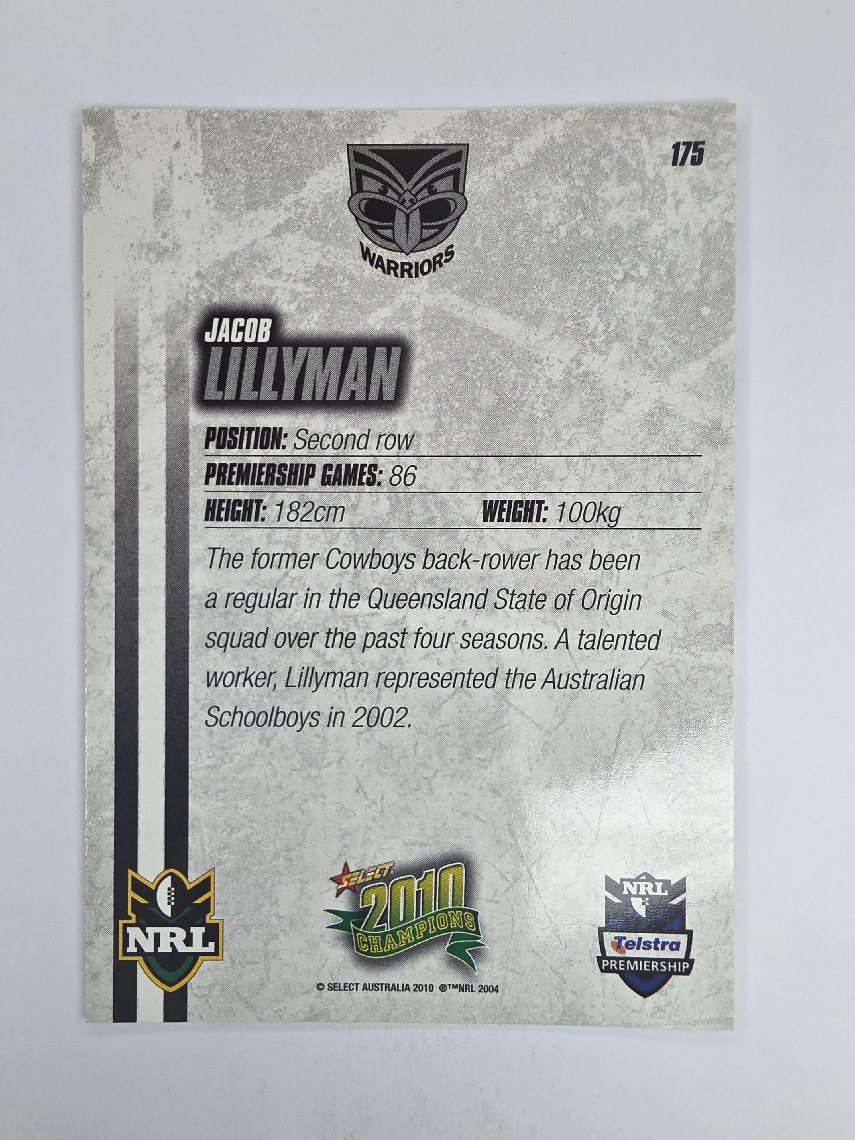 NRL 2010 Champions Base Card #175 Jacob Lillyman New Zealand Warriors
