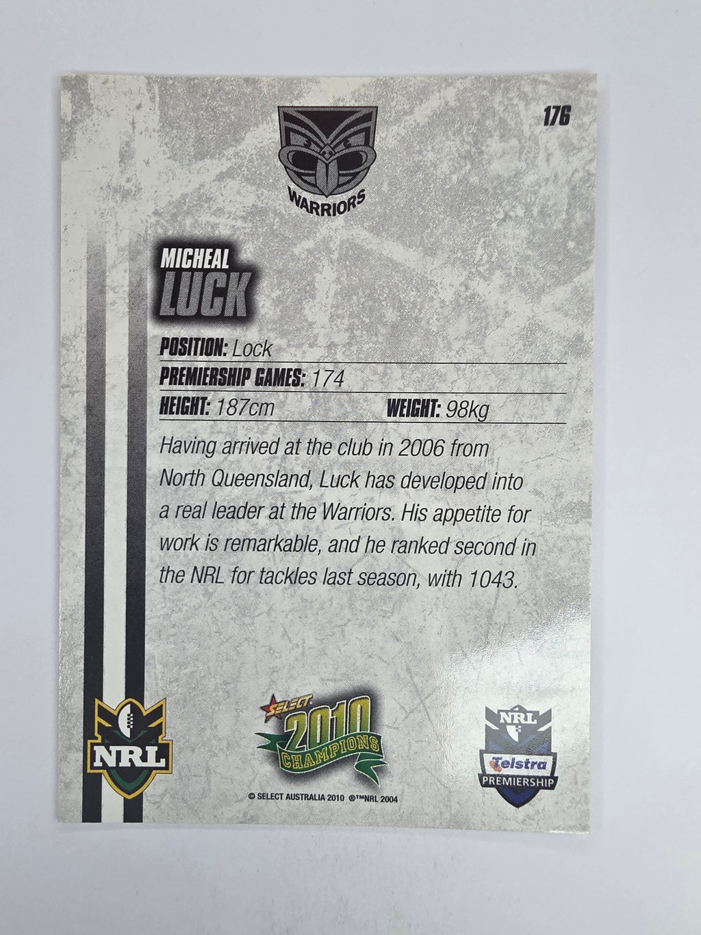 NRL 2010 Champions Base Card #176 Micheal Luck New Zealand Warriors