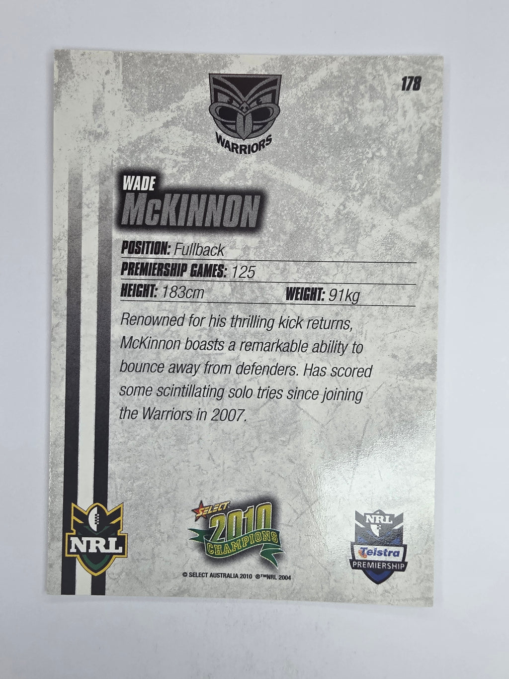 NRL 2010 Champions Base Card #178 Wade McKinnon New Zealand Warriors