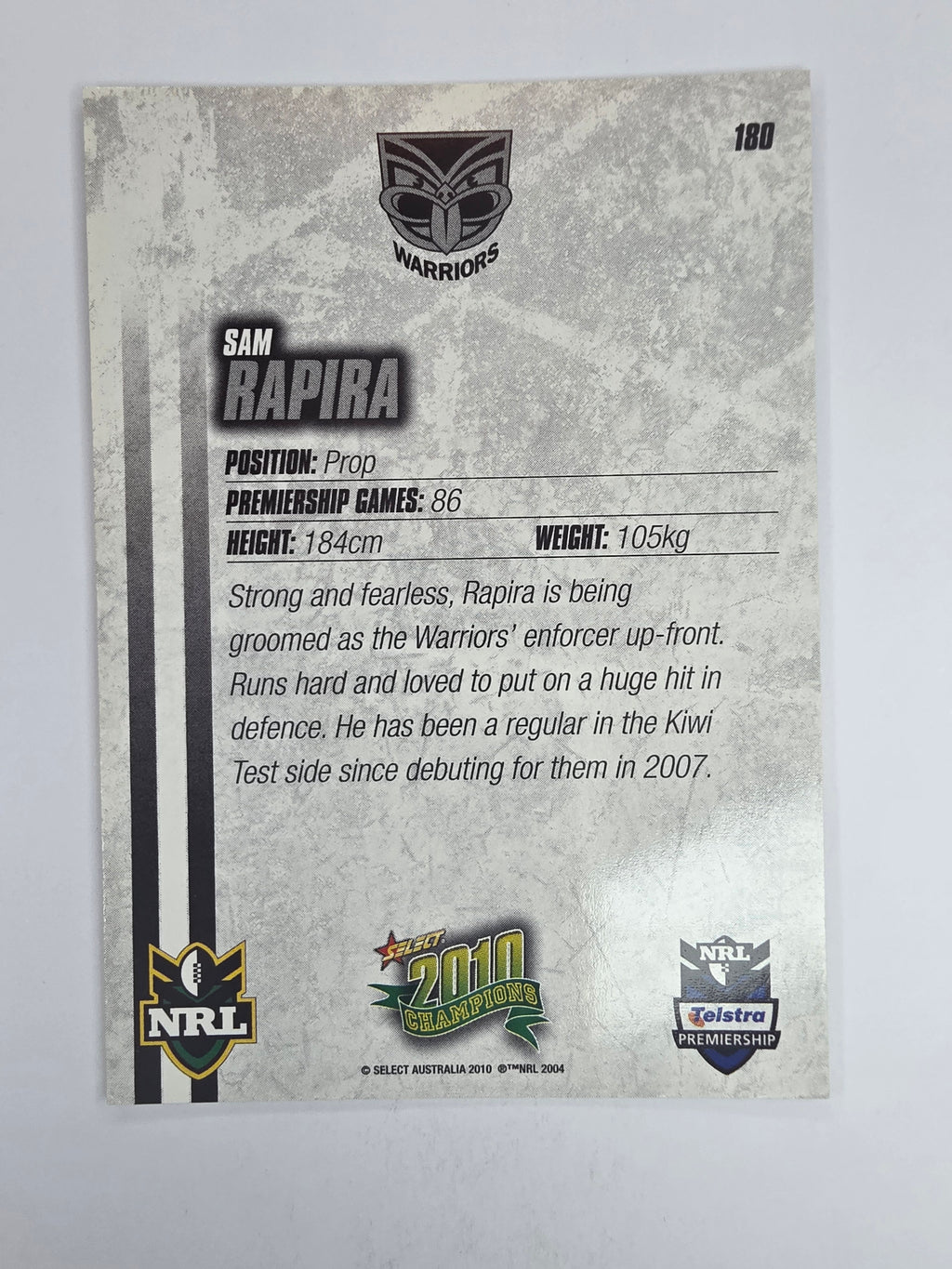 NRL 2010 Champions Base Card #180 Sam Rapira New Zealand Warriors