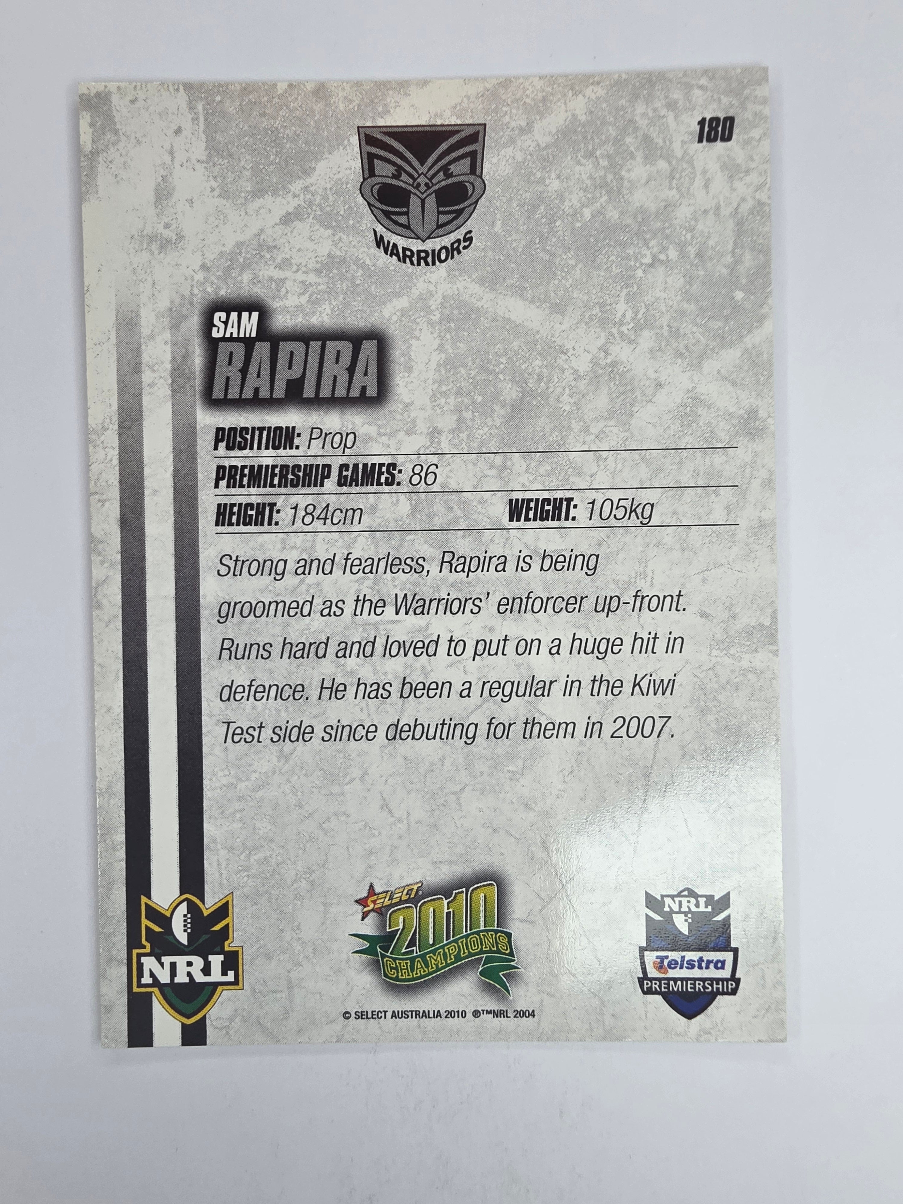 NRL 2010 Champions Base Card #180 Sam Rapira New Zealand Warriors