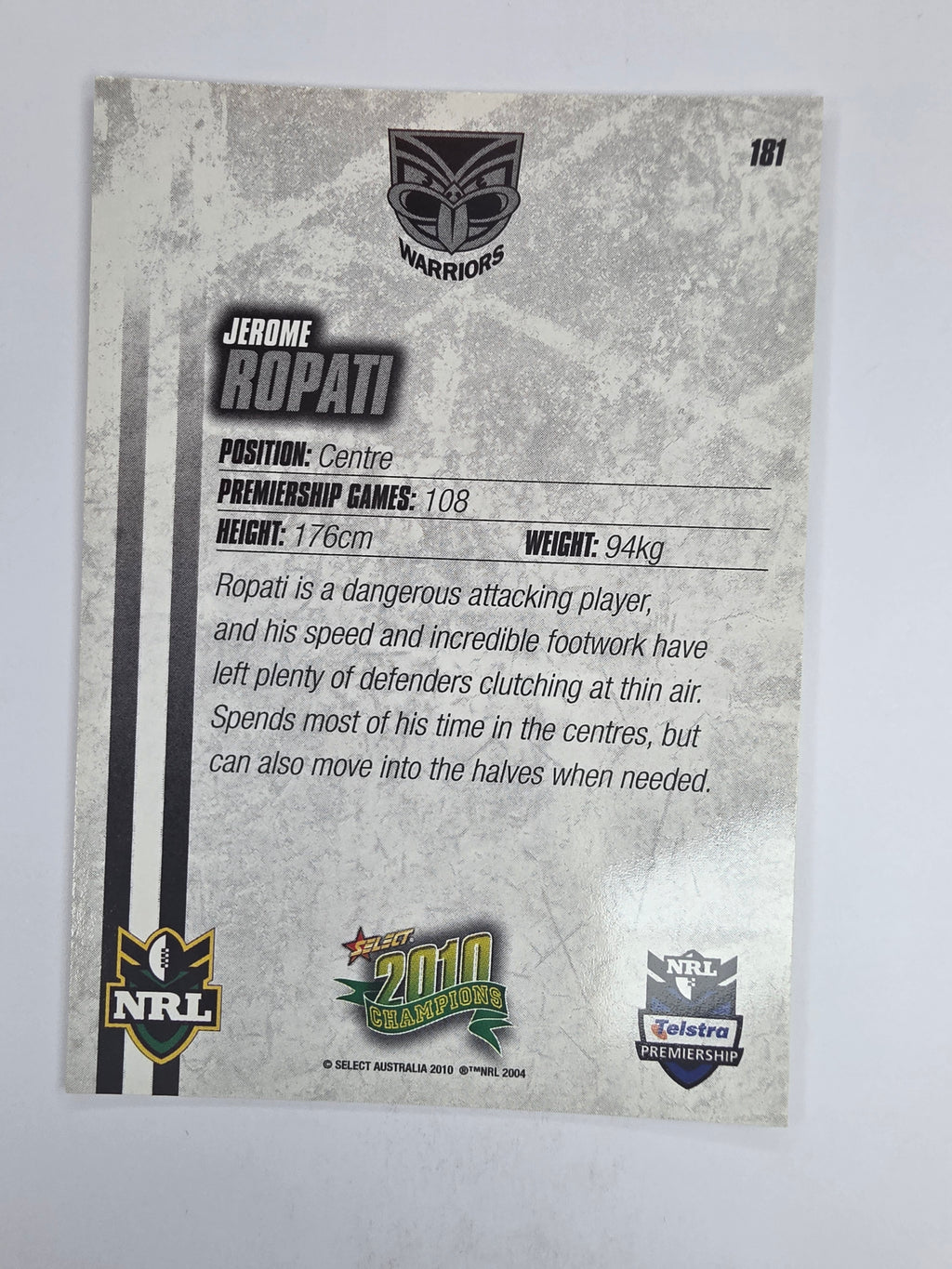 NRL 2010 Champions Base Card #181 Jerome Ropati New Zealand Warriors