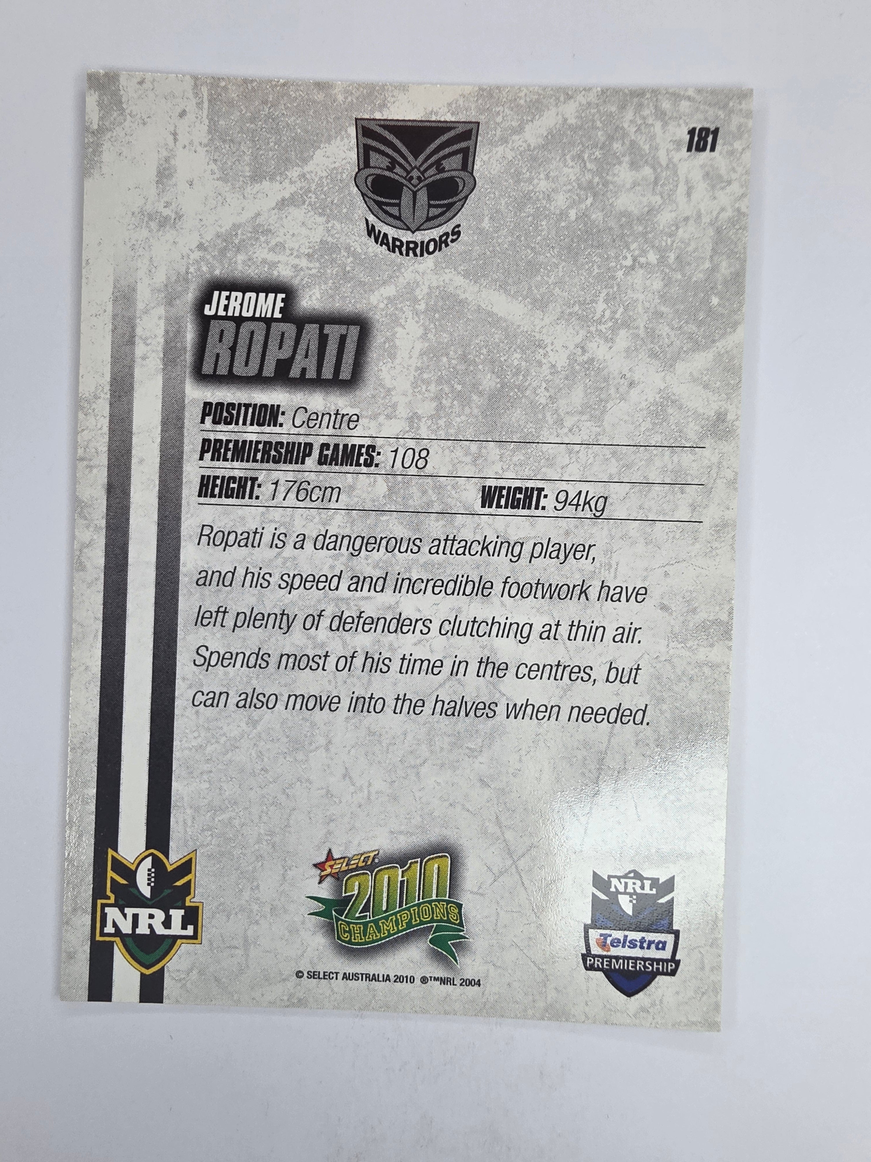 NRL 2010 Champions Base Card #181 Jerome Ropati New Zealand Warriors