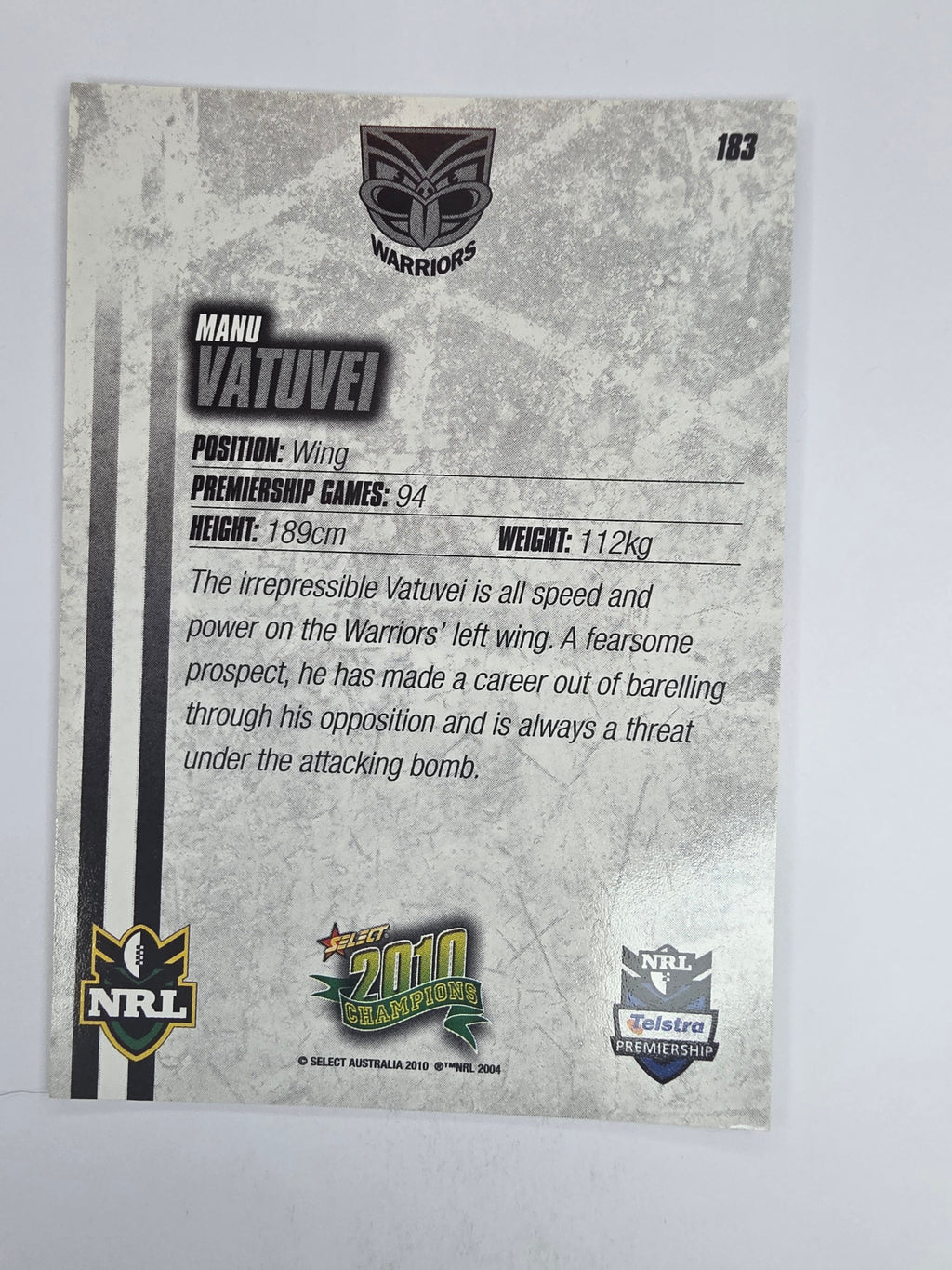NRL 2010 Champions Base Card #183 Manu Vatuvei New Zealand Warriors