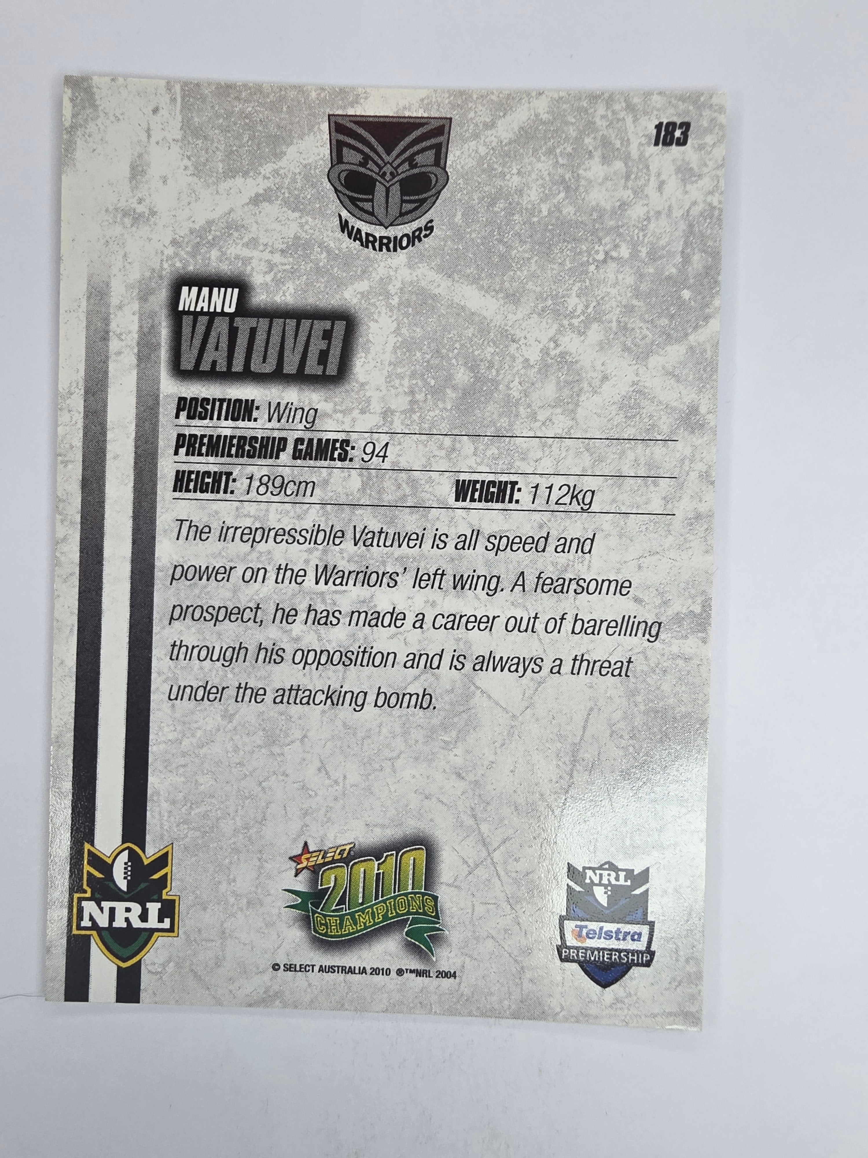 NRL 2010 Champions Base Card #183 Manu Vatuvei New Zealand Warriors