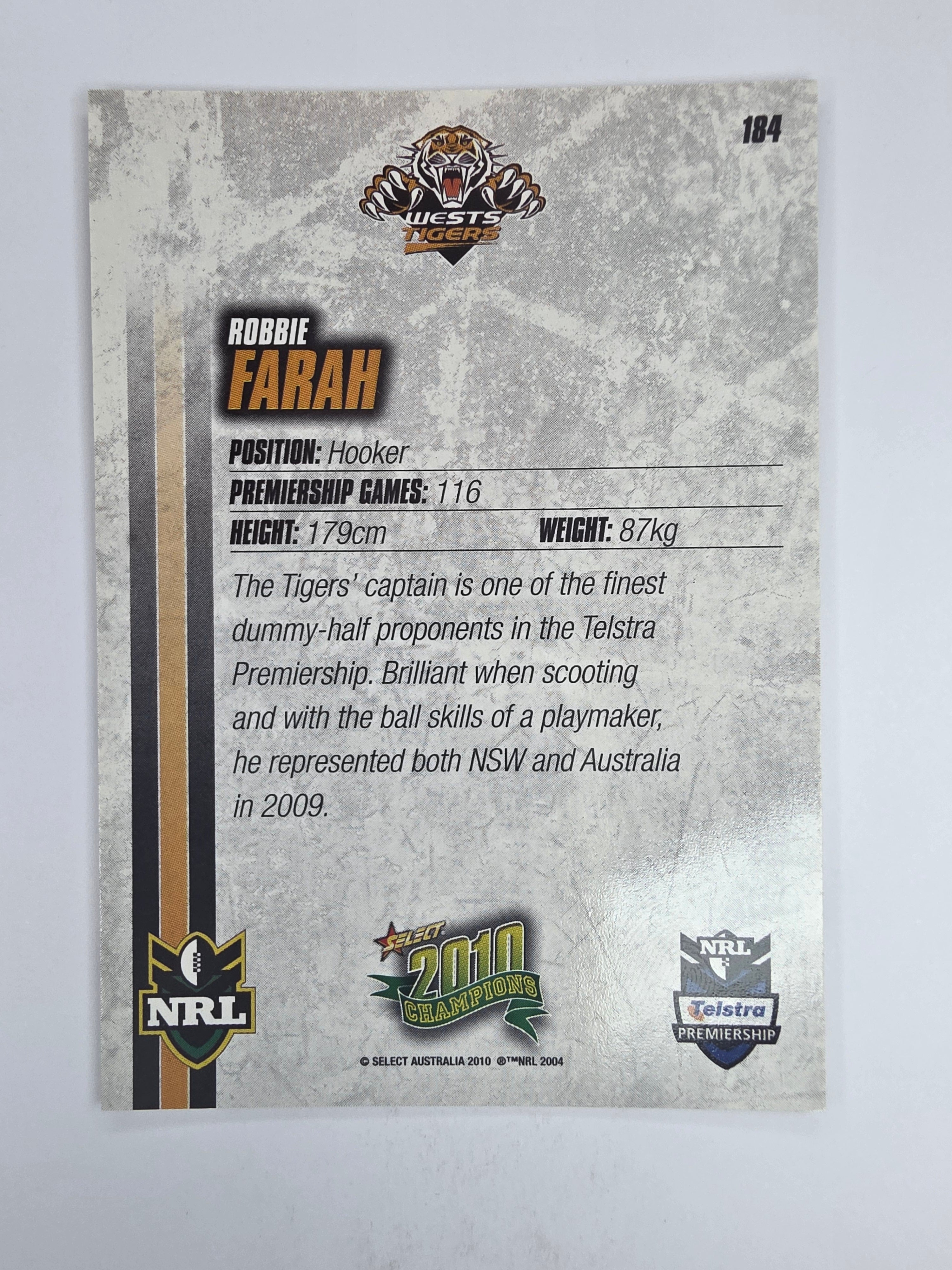 NRL 2010 Champions Base Card #184 Robbie Farah Wests Tigers