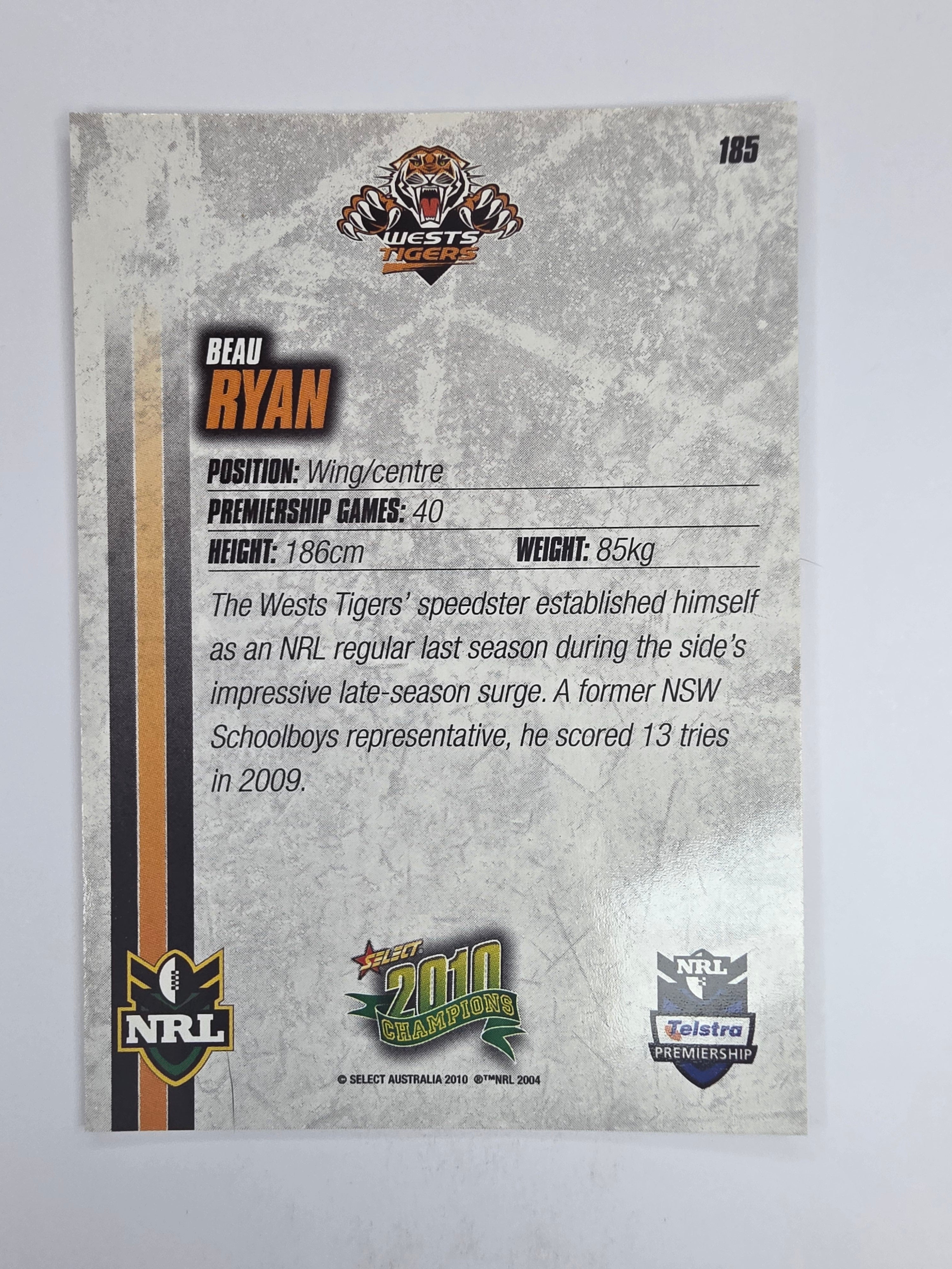 NRL 2010 Champions Base Card #185 Beau Ryan Wests Tigers