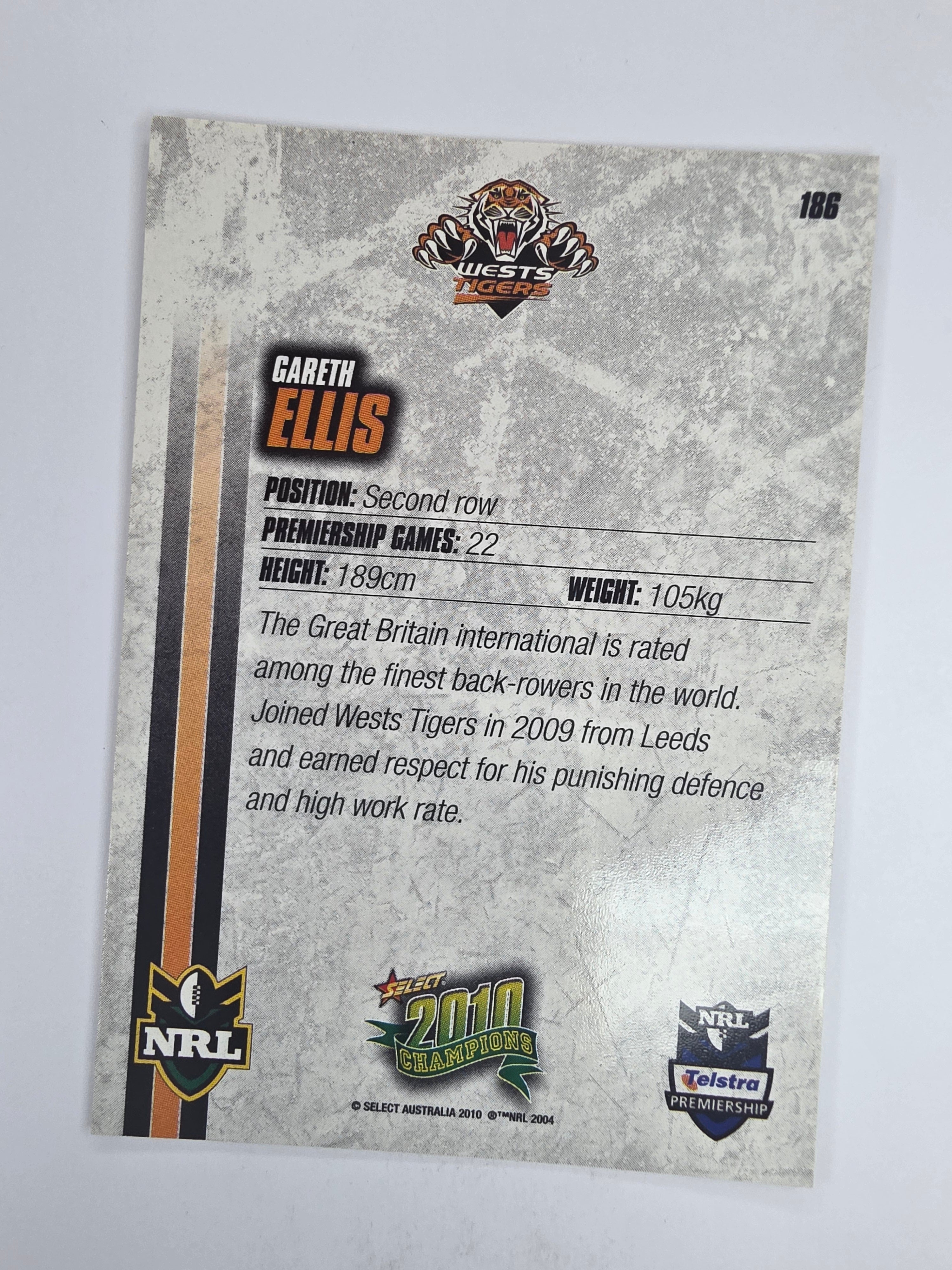 NRL 2010 Champions Base Card #186 Gareth Ellis Wests Tigers