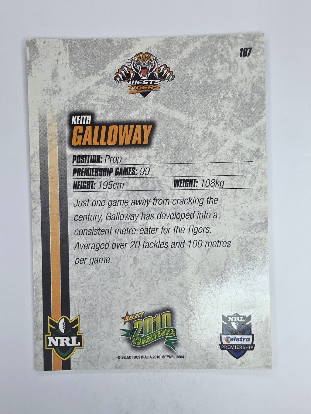 NRL 2010 Champions Base Card #187 Keith Galloway Wests Tigers