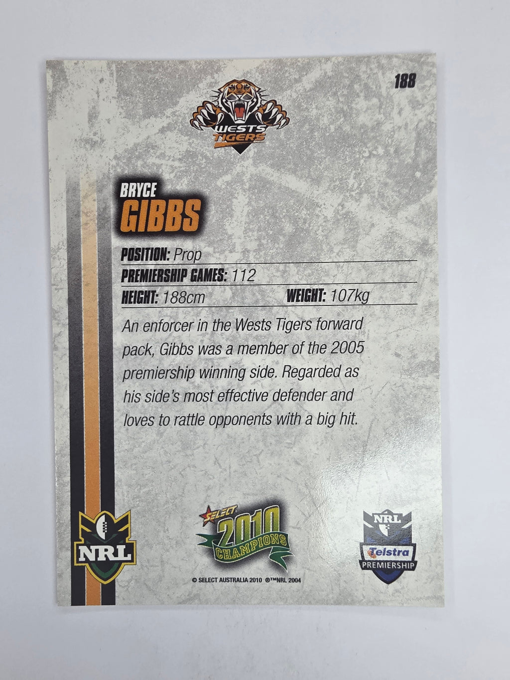 NRL 2010 Champions Base Card #188 Bryce Gibbs Wests Tigers