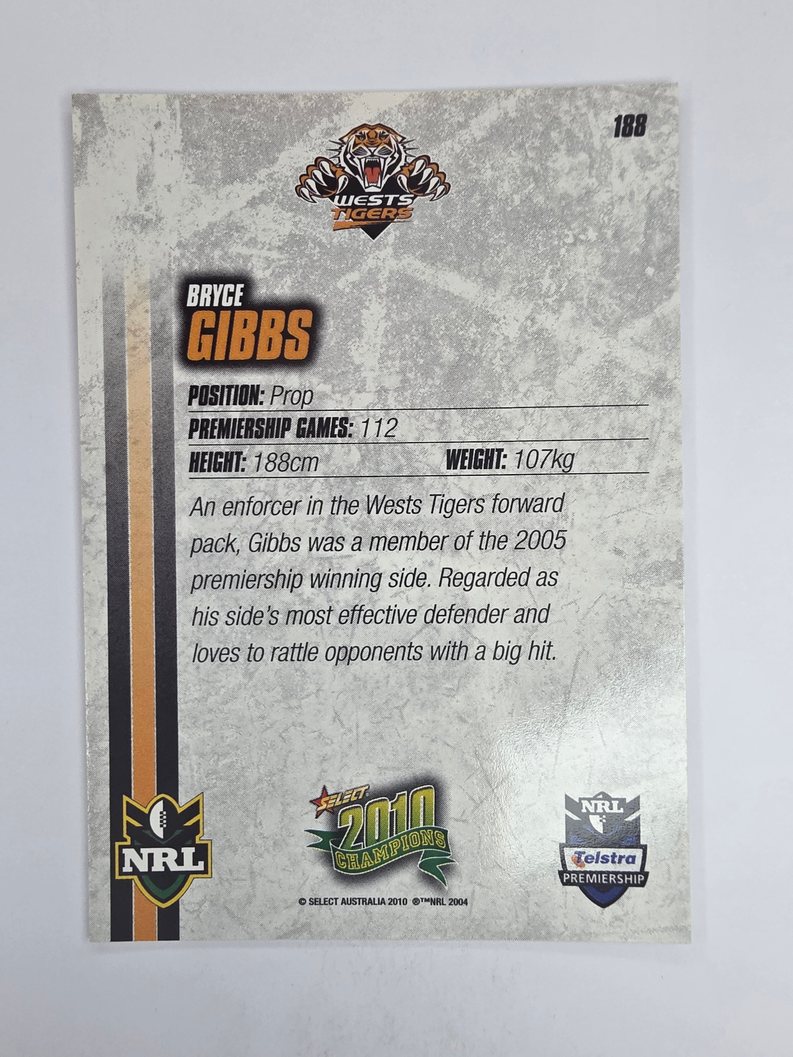 NRL 2010 Champions Base Card #188 Bryce Gibbs Wests Tigers