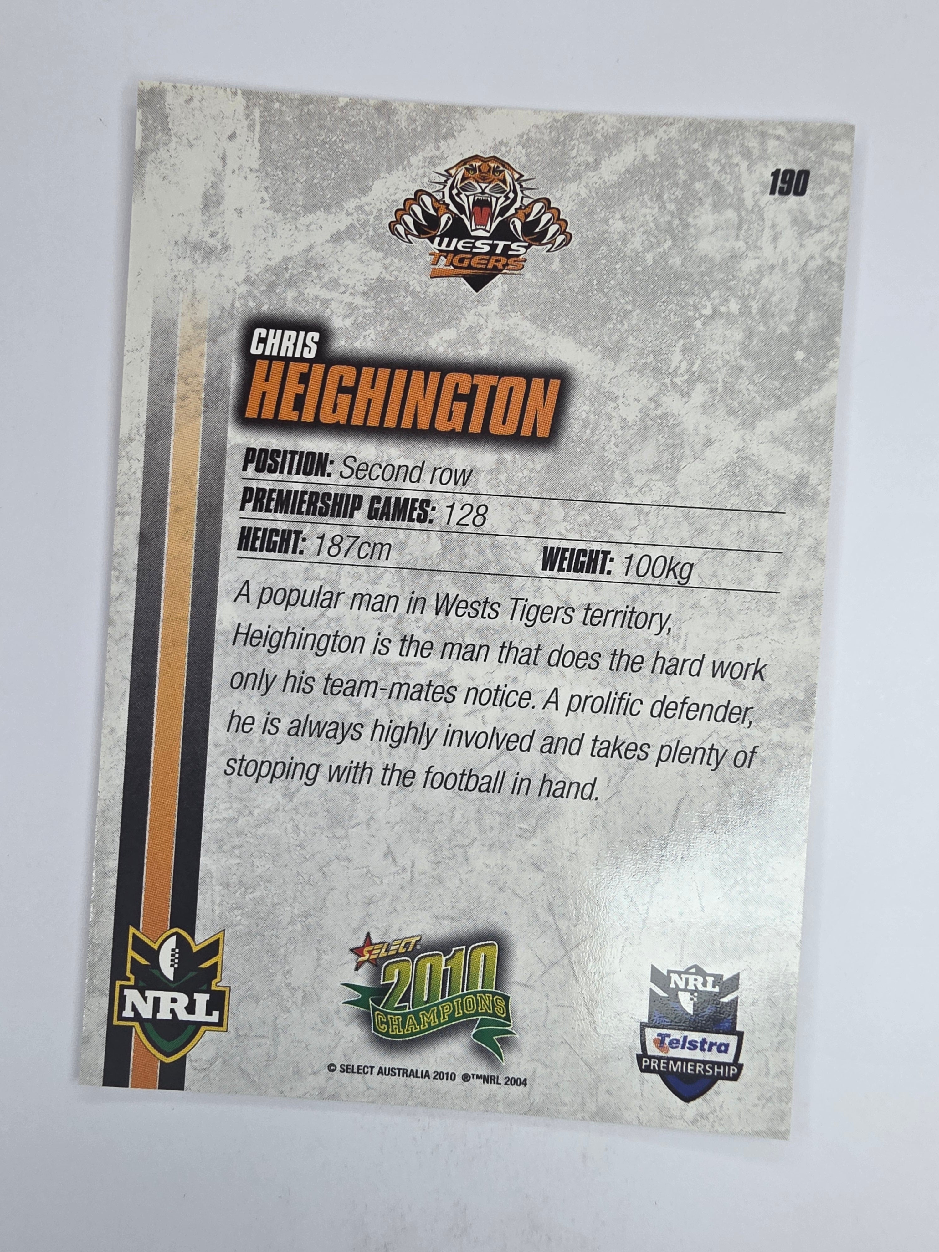 NRL 2010 Champions Base Card #190 Chris Heighington Wests Tigers