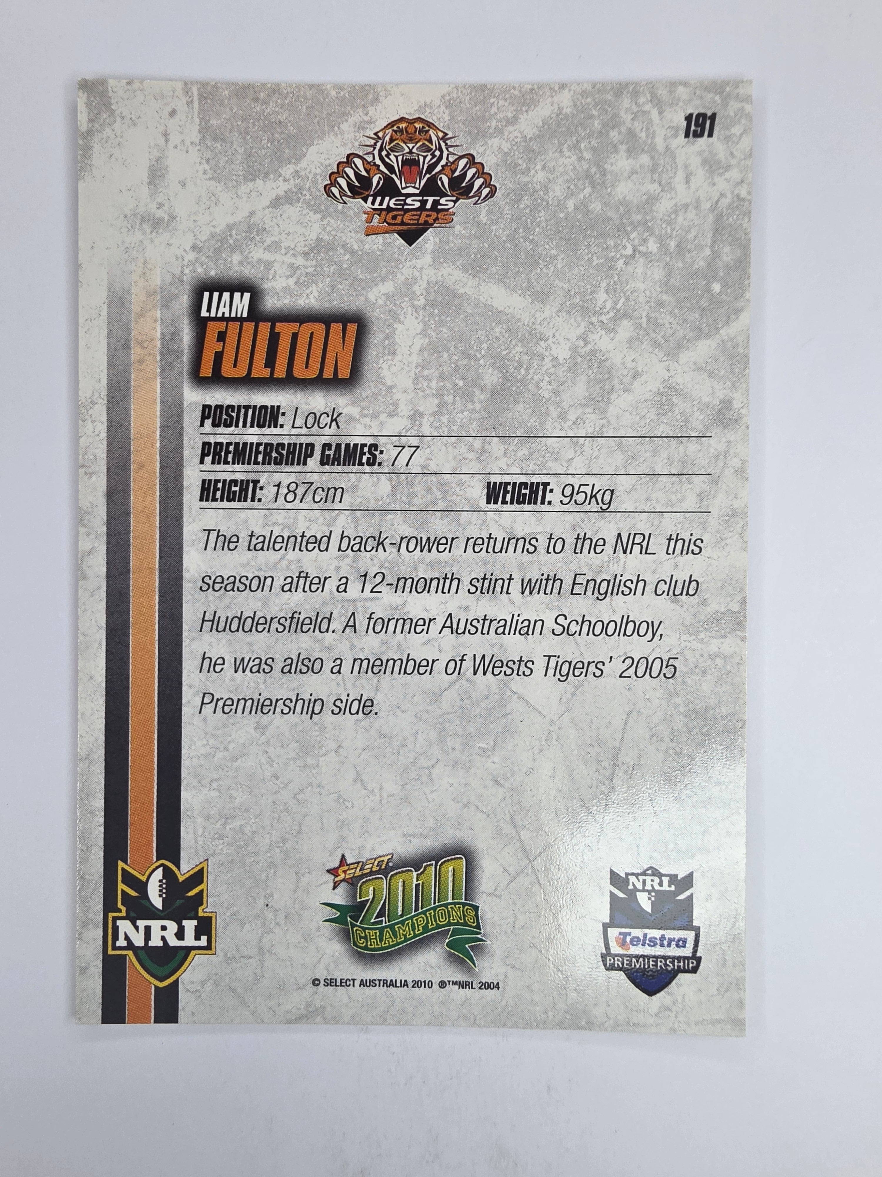 NRL 2010 Champions Base Card #191 Liam Fulton Wests Tigers
