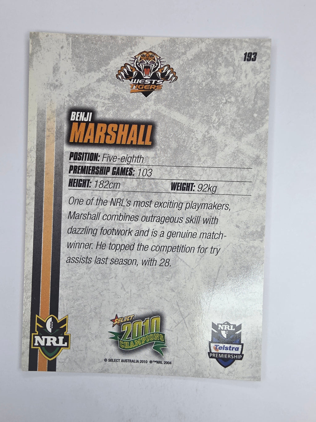 NRL 2010 Champions Base Card #193 Benji Marshall Wests Tigers