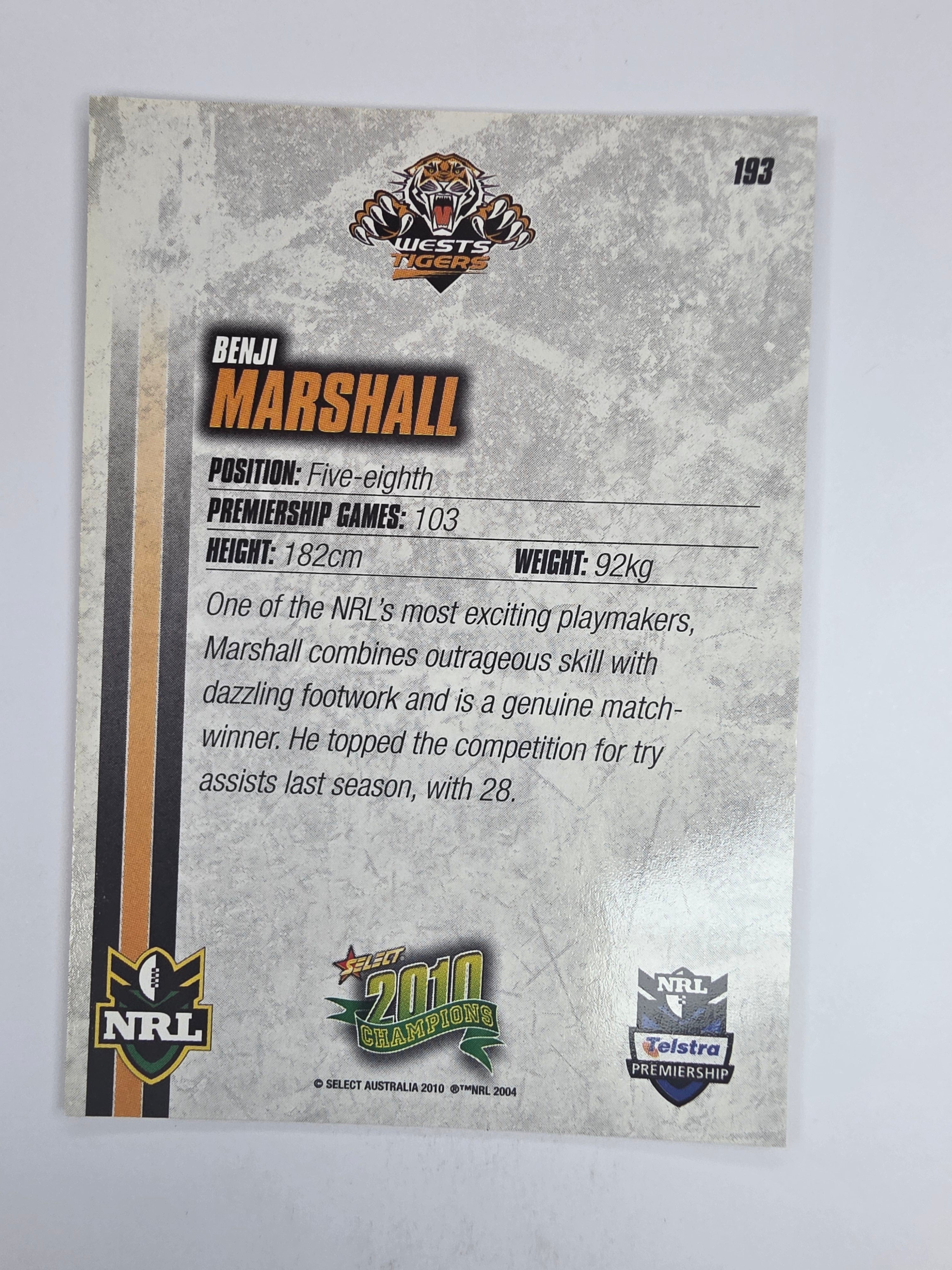 NRL 2010 Champions Base Card #193 Benji Marshall Wests Tigers