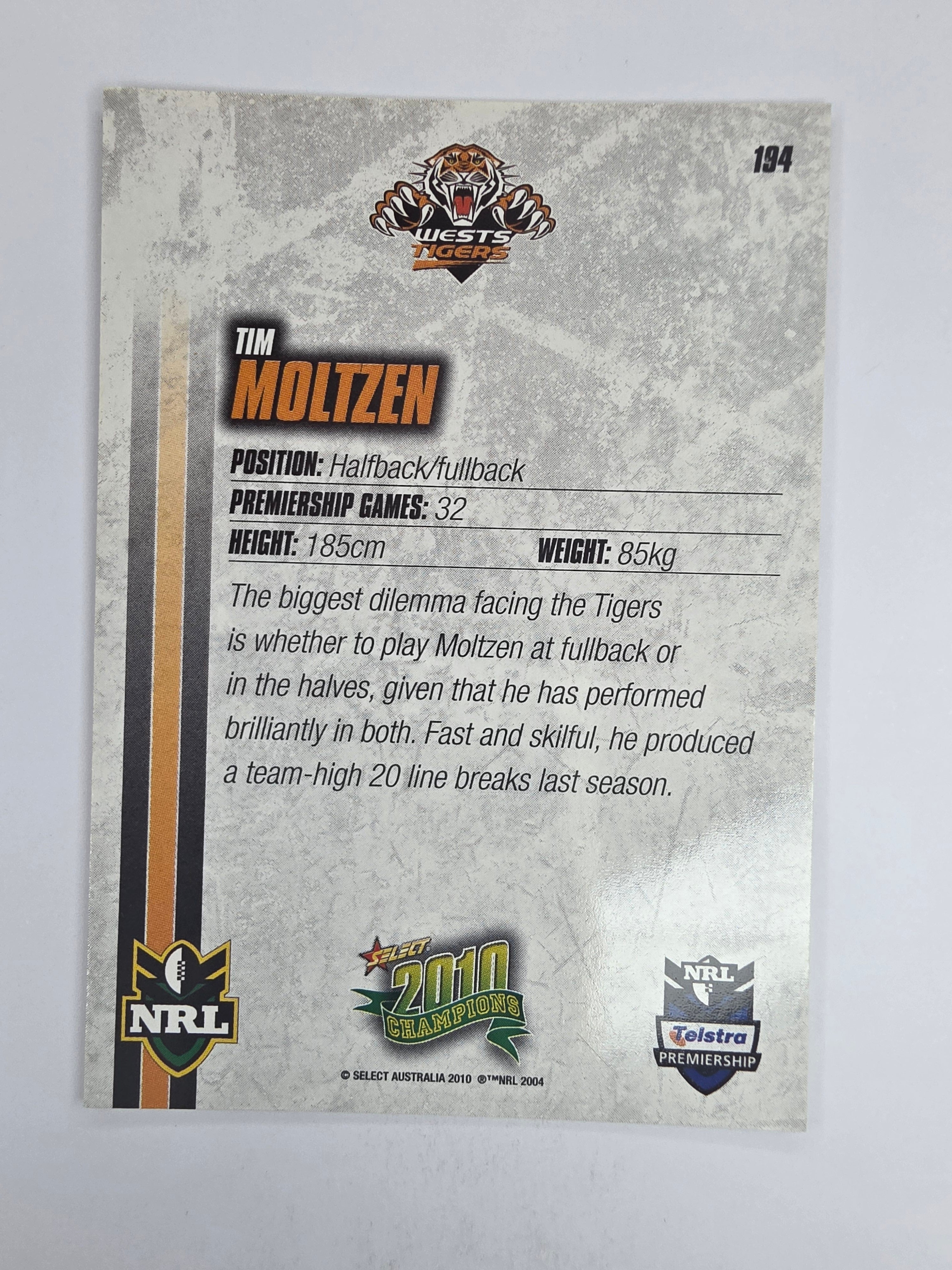 NRL 2010 Champions Base Card #194 Tim Moltzen Wests Tigers