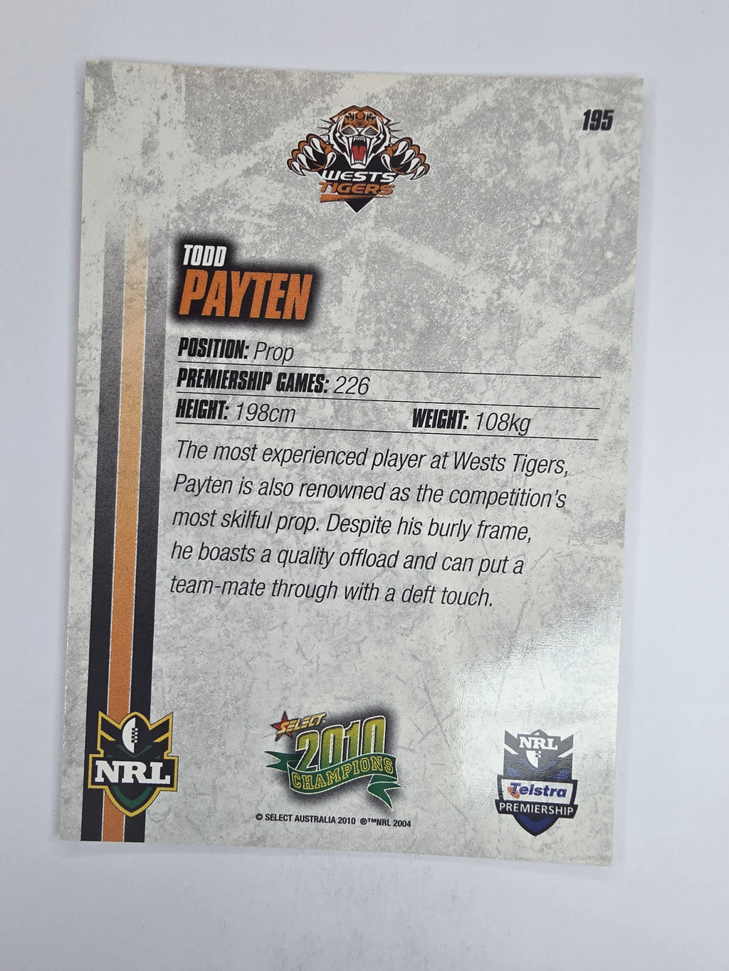 NRL 2010 Champions Base Card #195 Todd Payten Wests Tigers