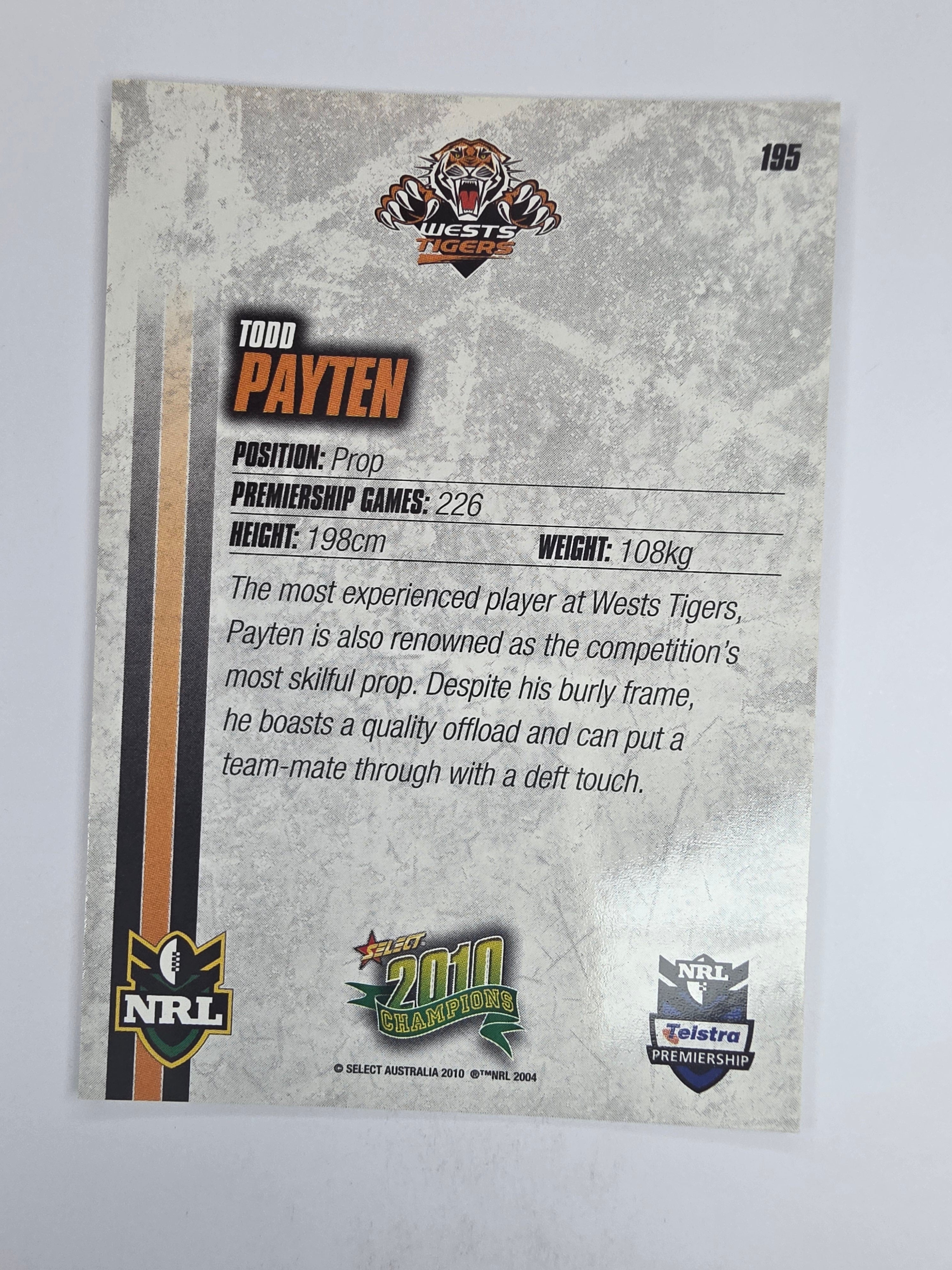 NRL 2010 Champions Base Card #195 Todd Payten Wests Tigers