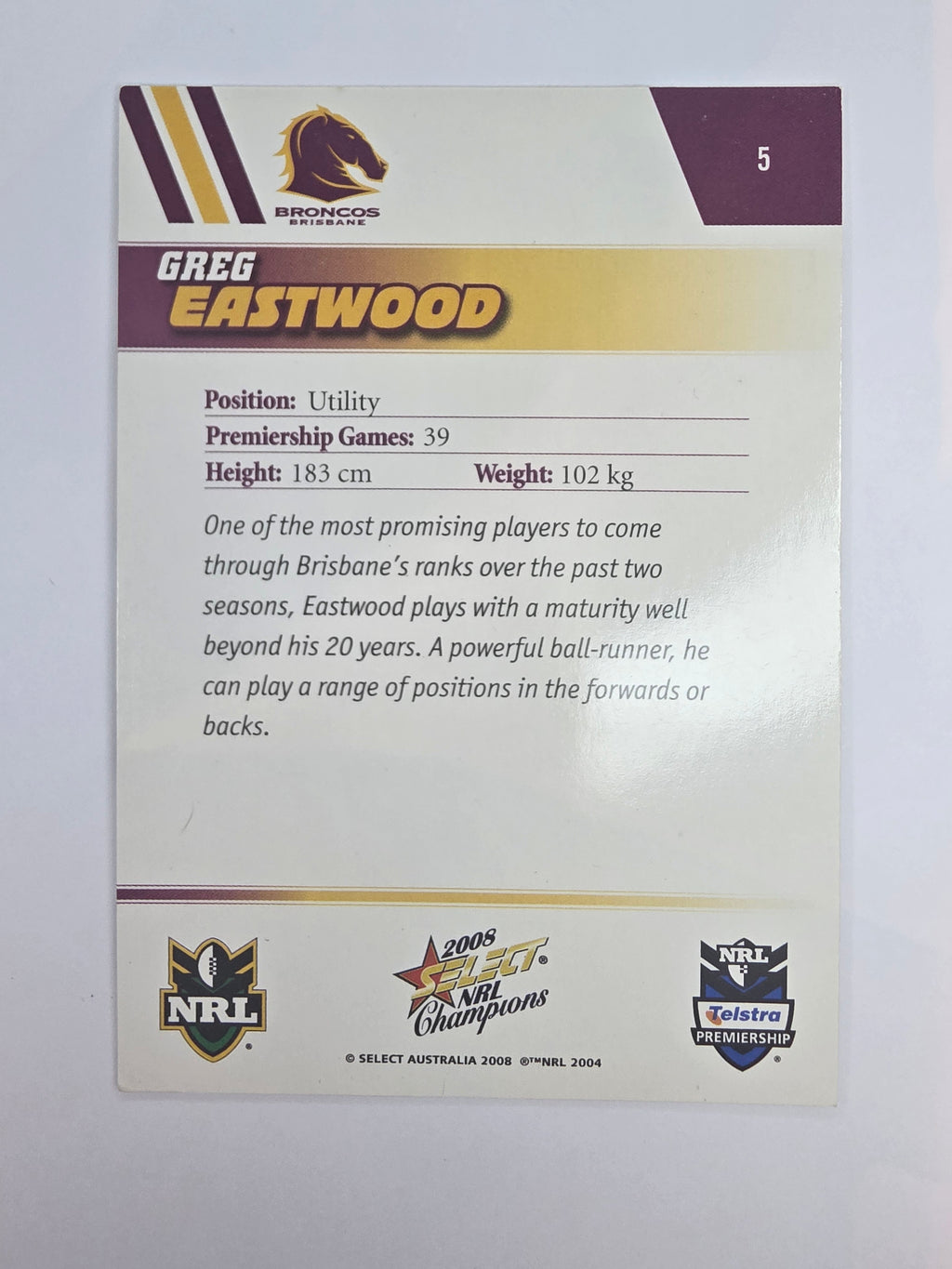 NRL 2008 Champions Base Card #5 Greg Eastwood Brisbane Broncos