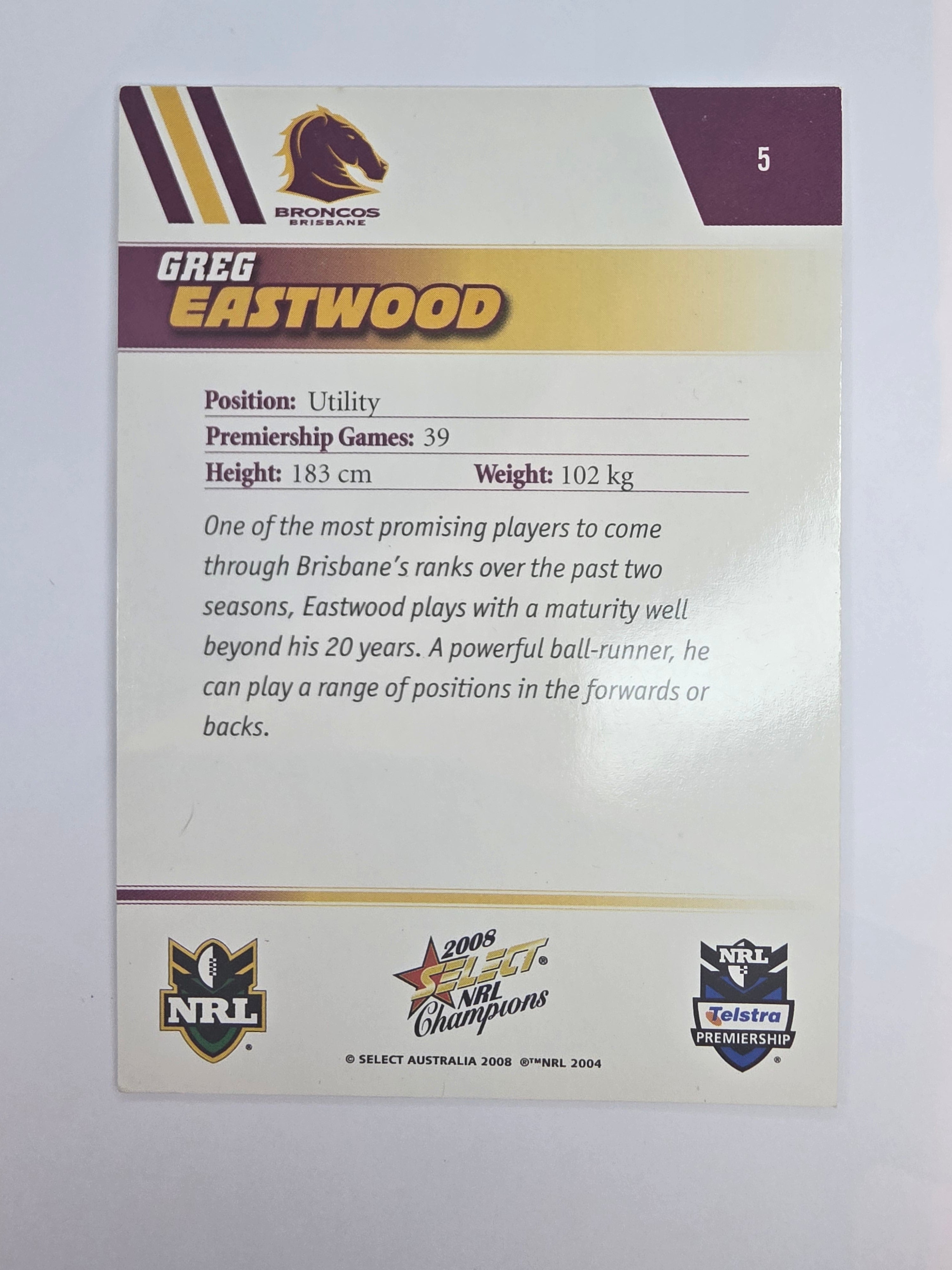 NRL 2008 Champions Base Card #5 Greg Eastwood Brisbane Broncos