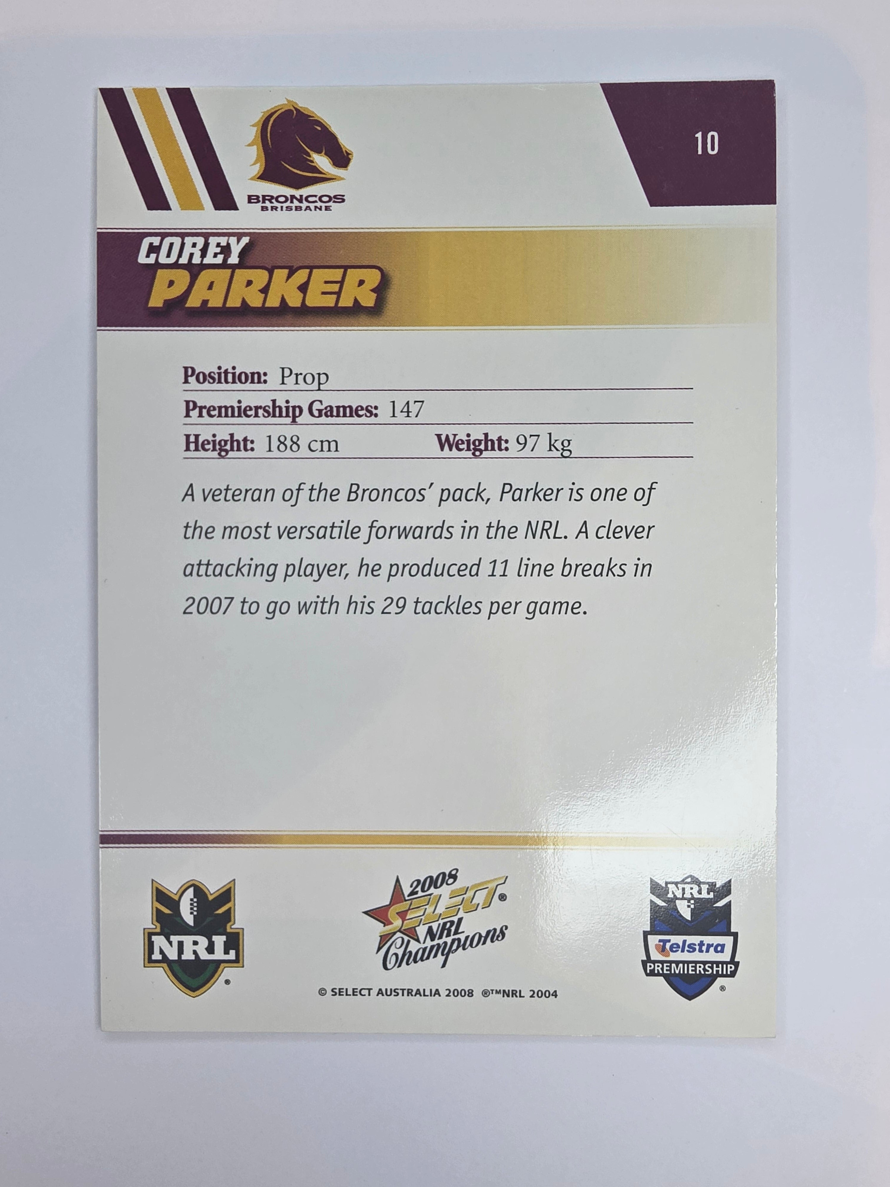 NRL 2008 Champions Base Card #10 Corey Parker Brisbane Broncos