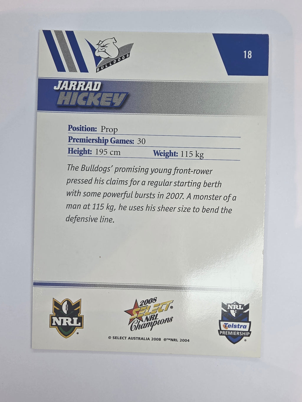 NRL 2008 Champions Base Card #18 Jarrad Hickey Canterbury Bankstown Bulldogs