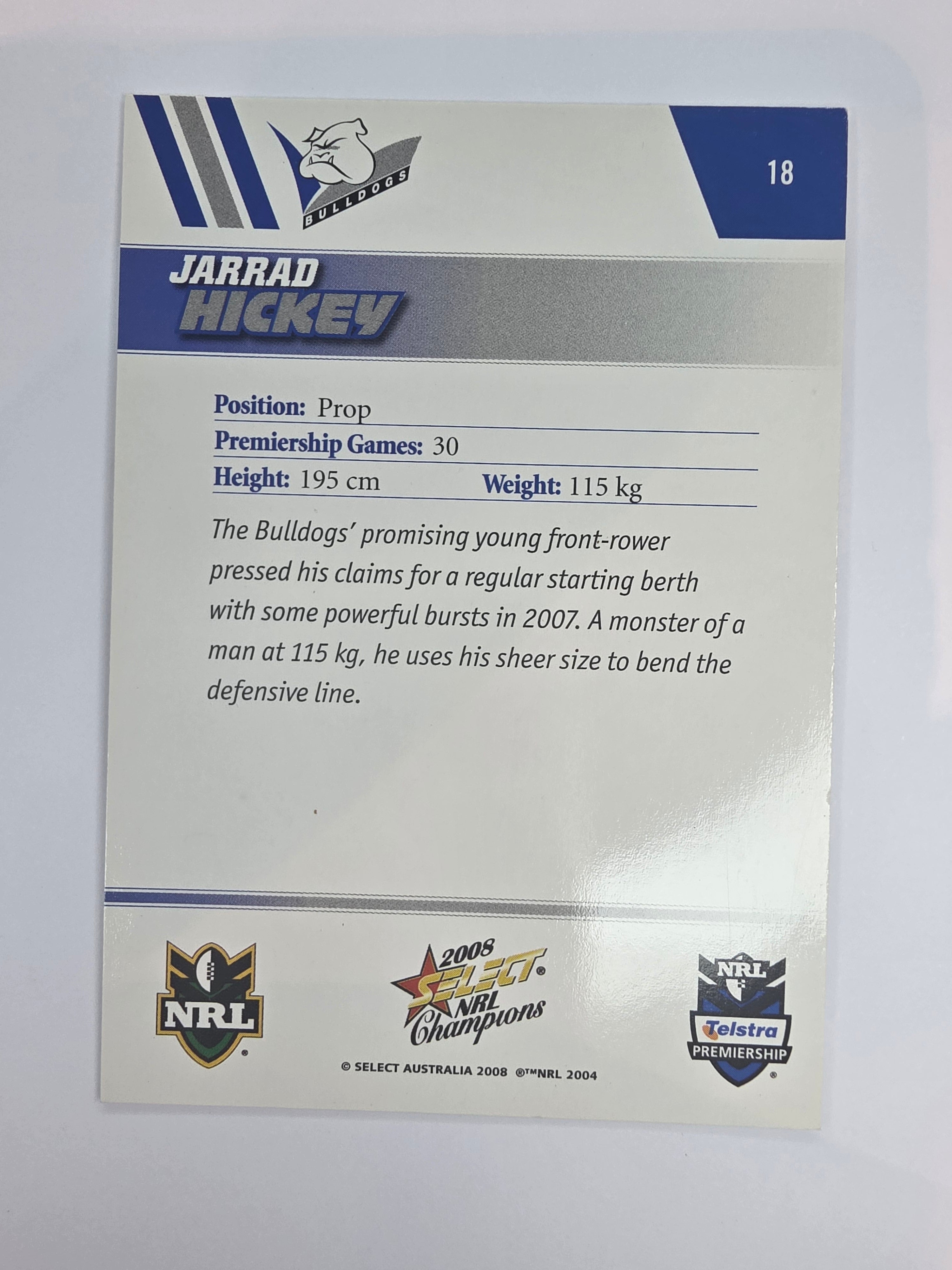 NRL 2008 Champions Base Card #18 Jarrad Hickey Canterbury Bankstown Bulldogs