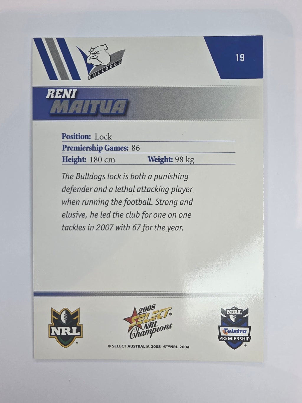 NRL 2008 Champions Base Card #19 Reni Maitua Canterbury Bankstown Bulldogs