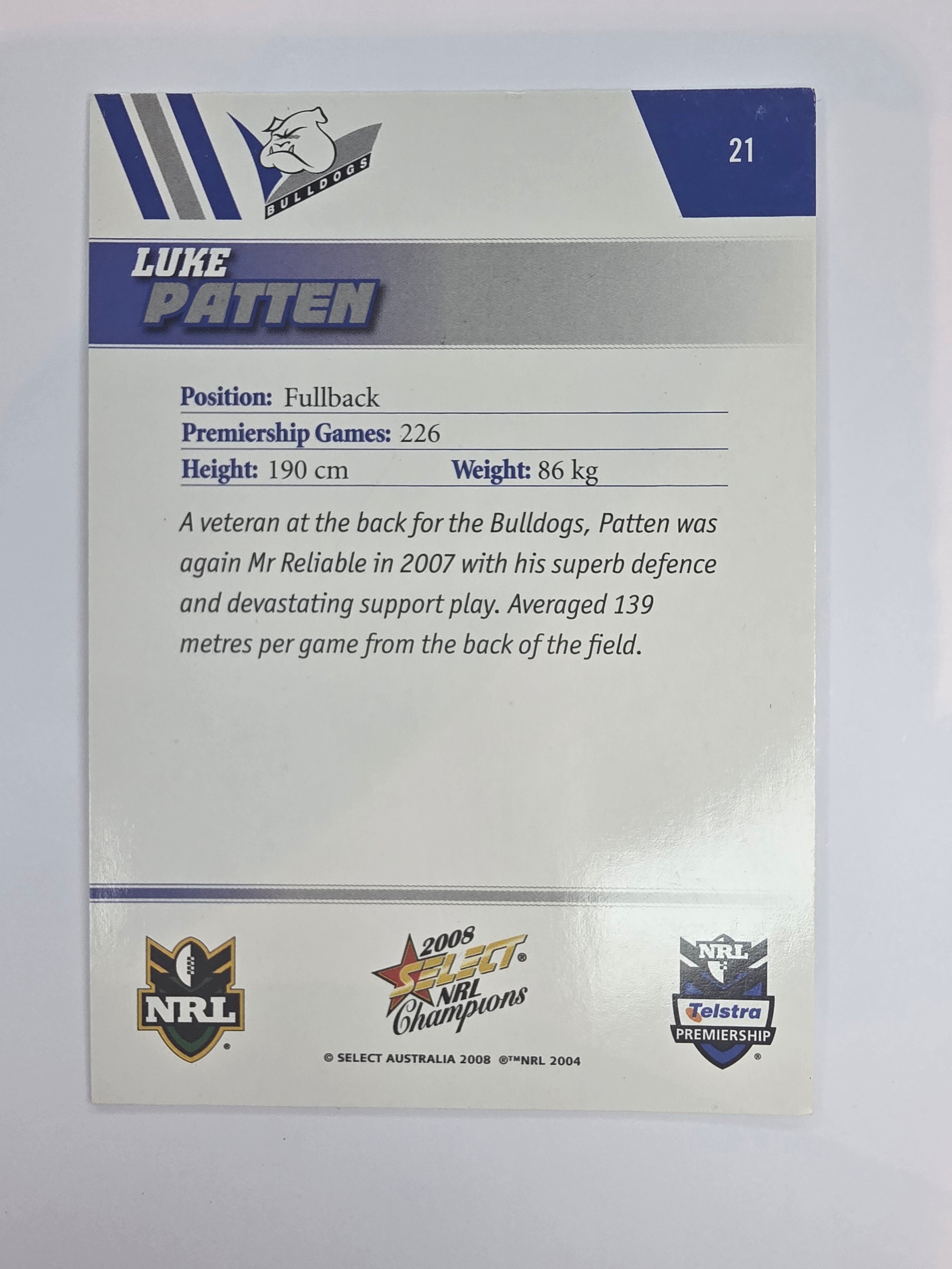 NRL 2008 Champions Base Card #21 Luke Patten Canterbury Bankstown Bulldogs
